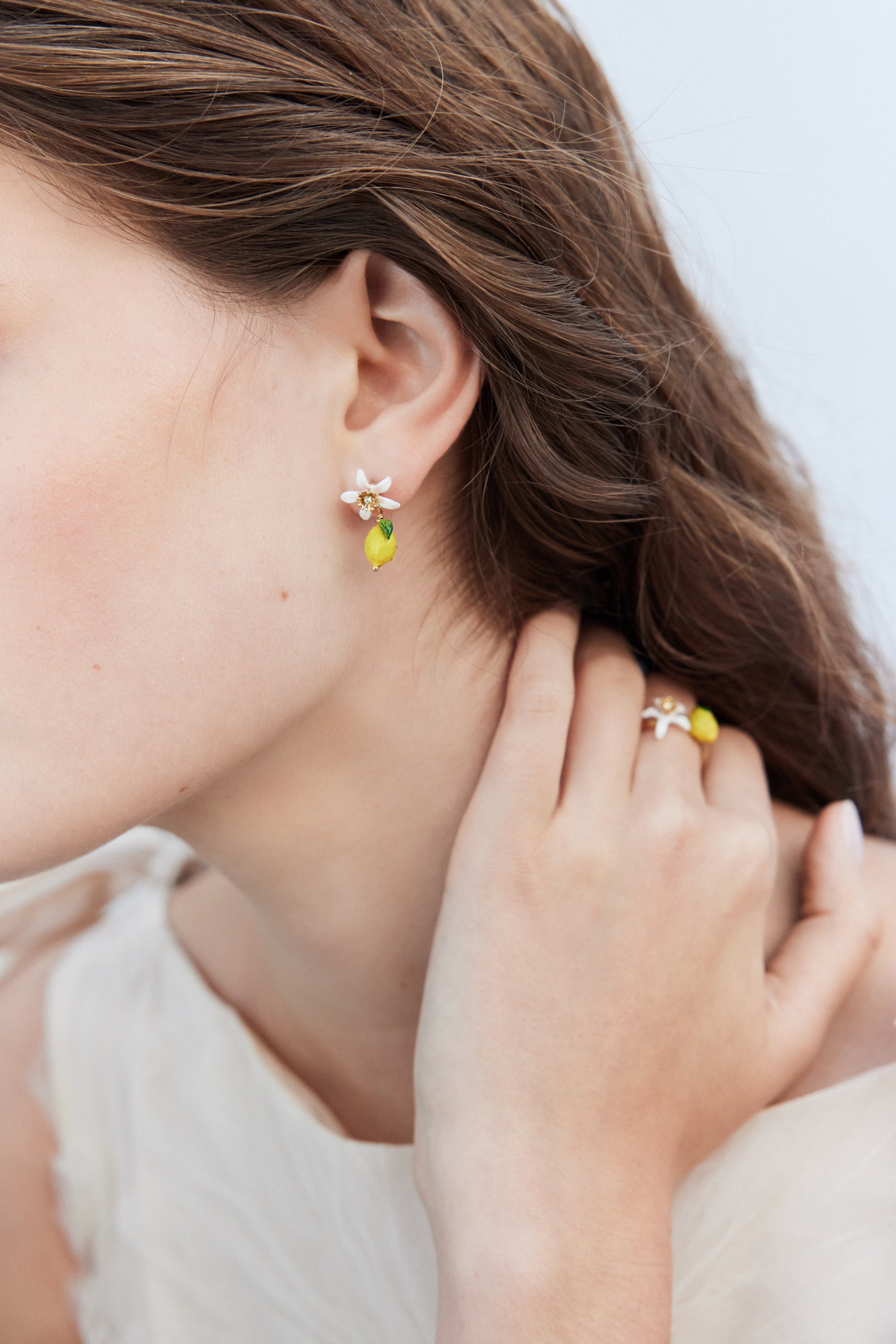 Lemon and white flower clip-on earrings