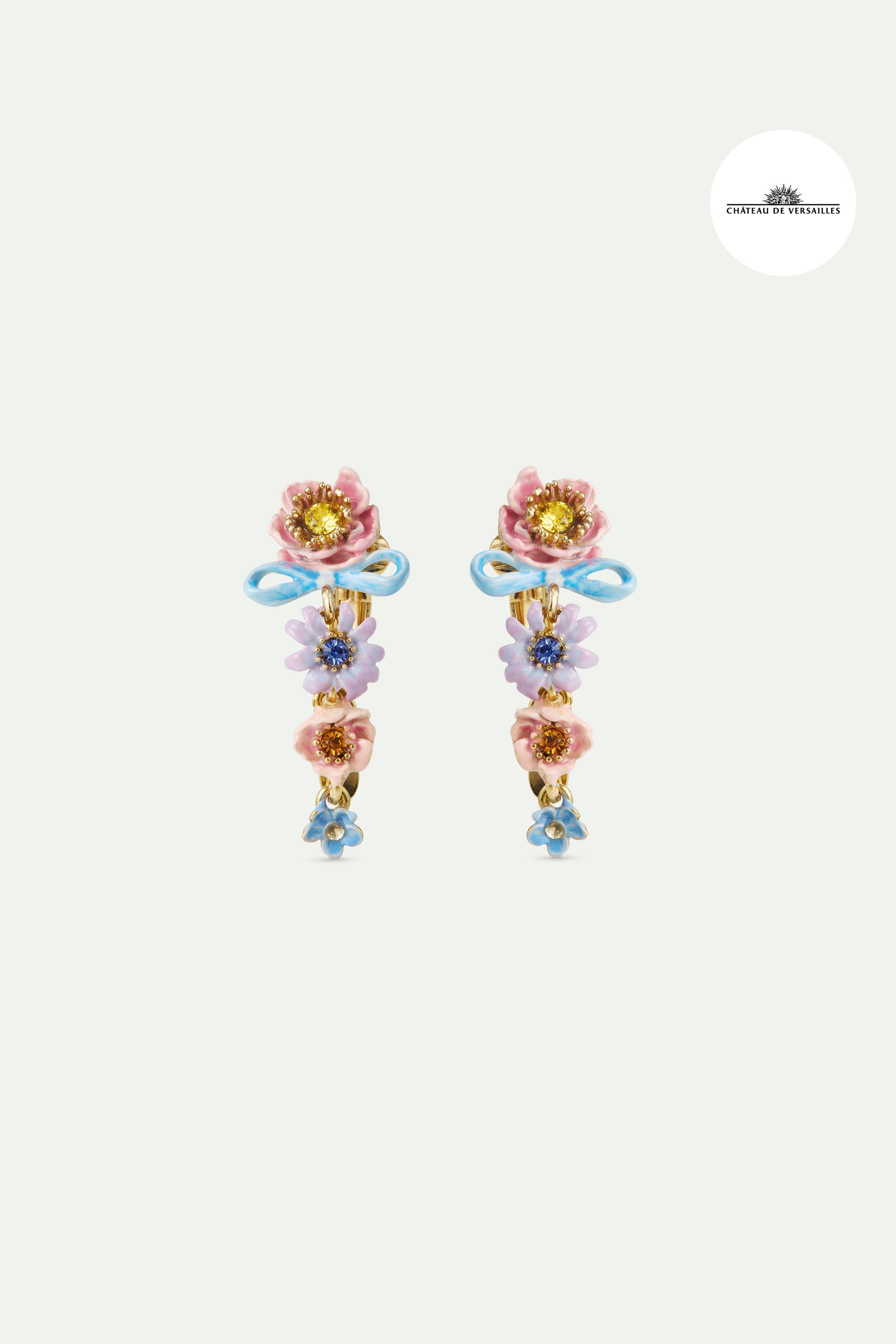 Pendientes colgantes flores rosas y azules y lazo fino