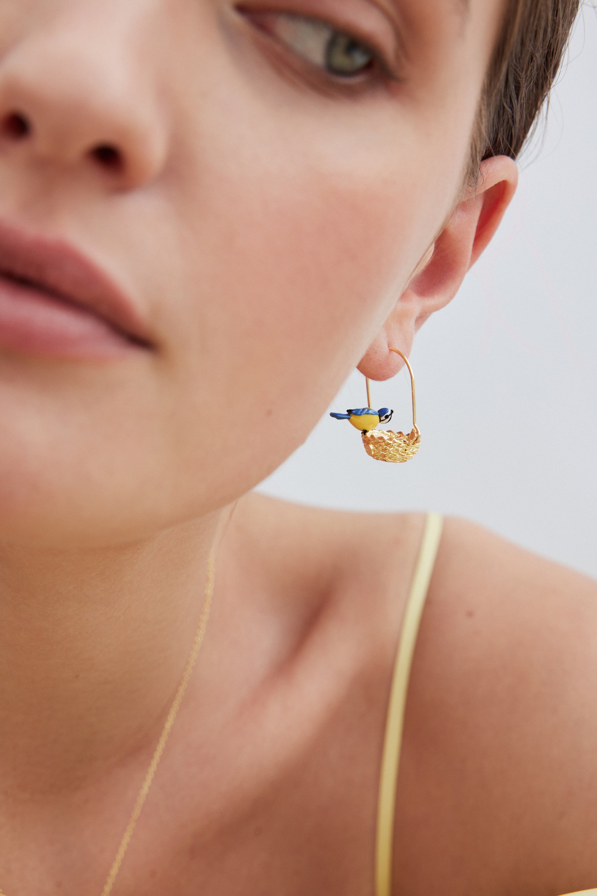 Asymmetrical hook earrings with gold nest and blue and yellow tits