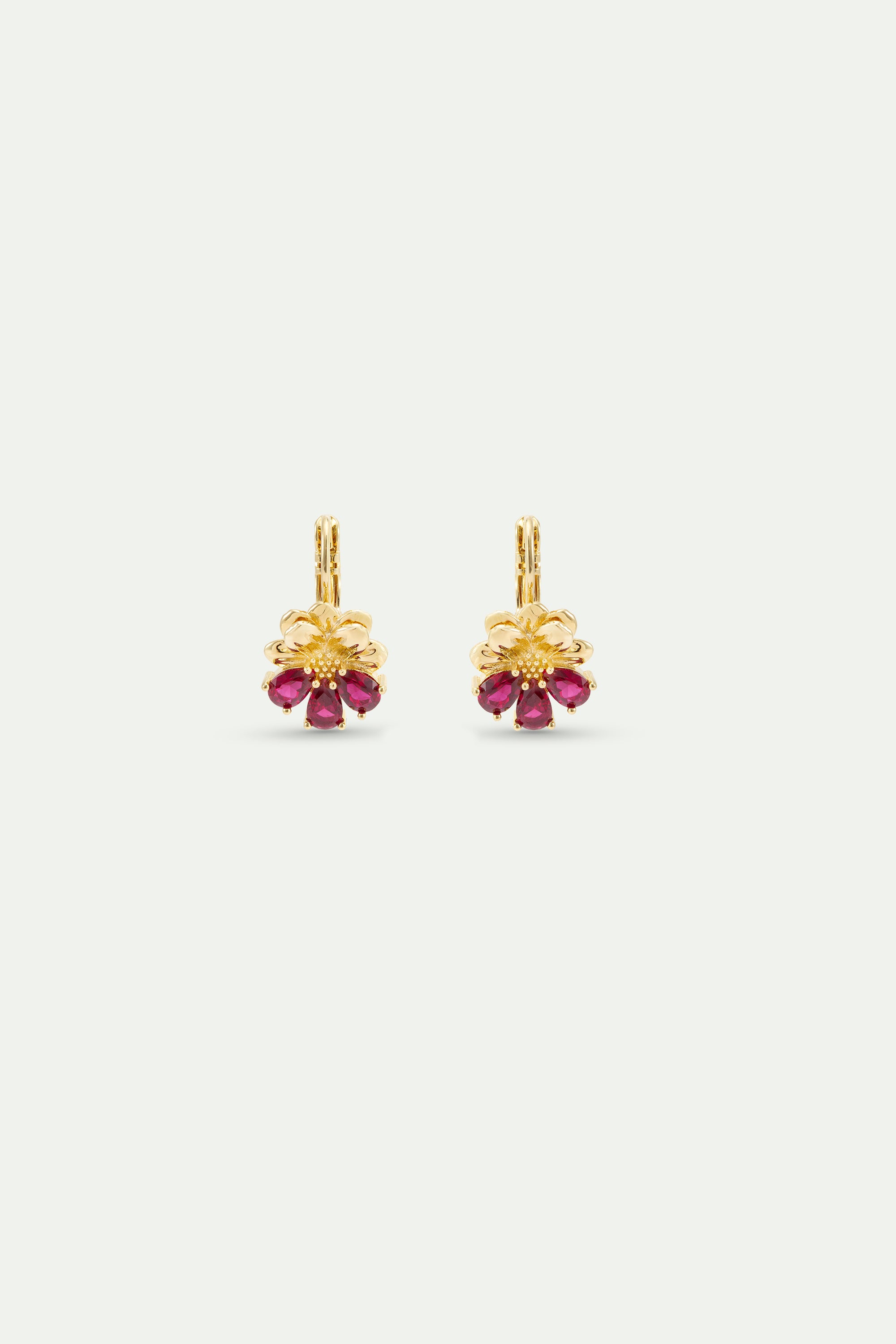 Gold sleeper earrings with cosmos and red stones