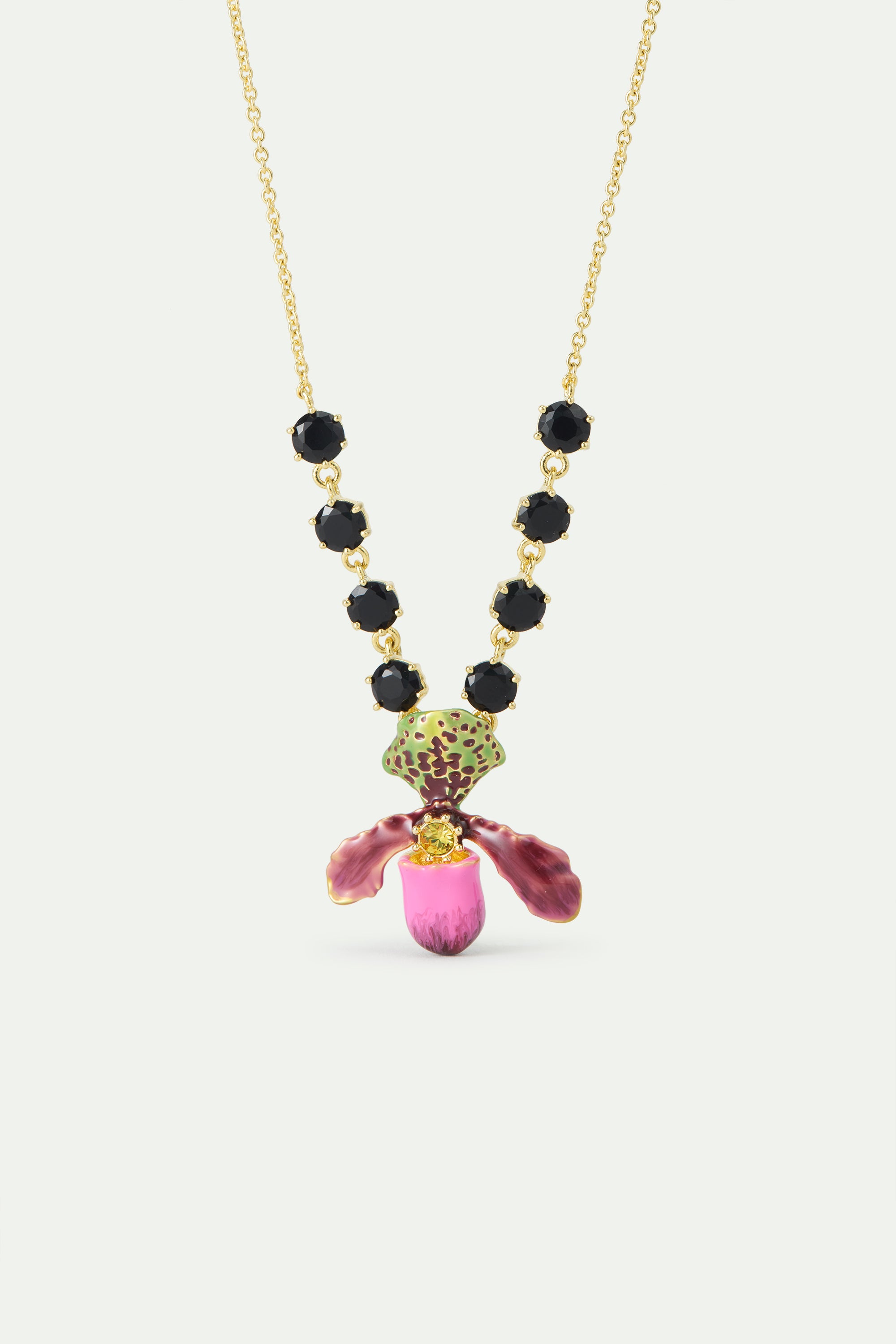 Collar orquídea zapatilla de Venus violeta y piedras de vidrio facetadas negras