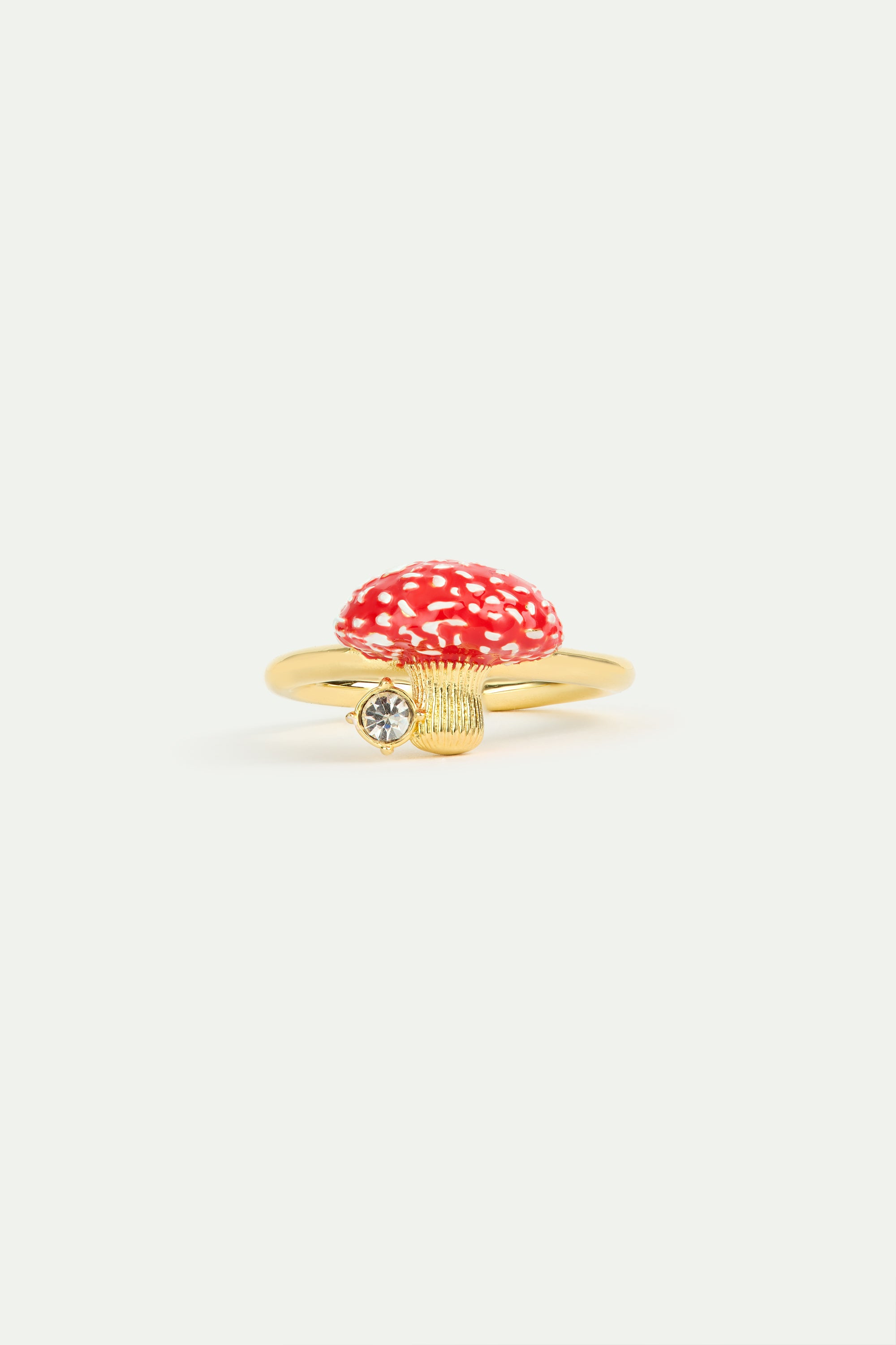 Gold and red mushroom and faceted crystal adjustable ring