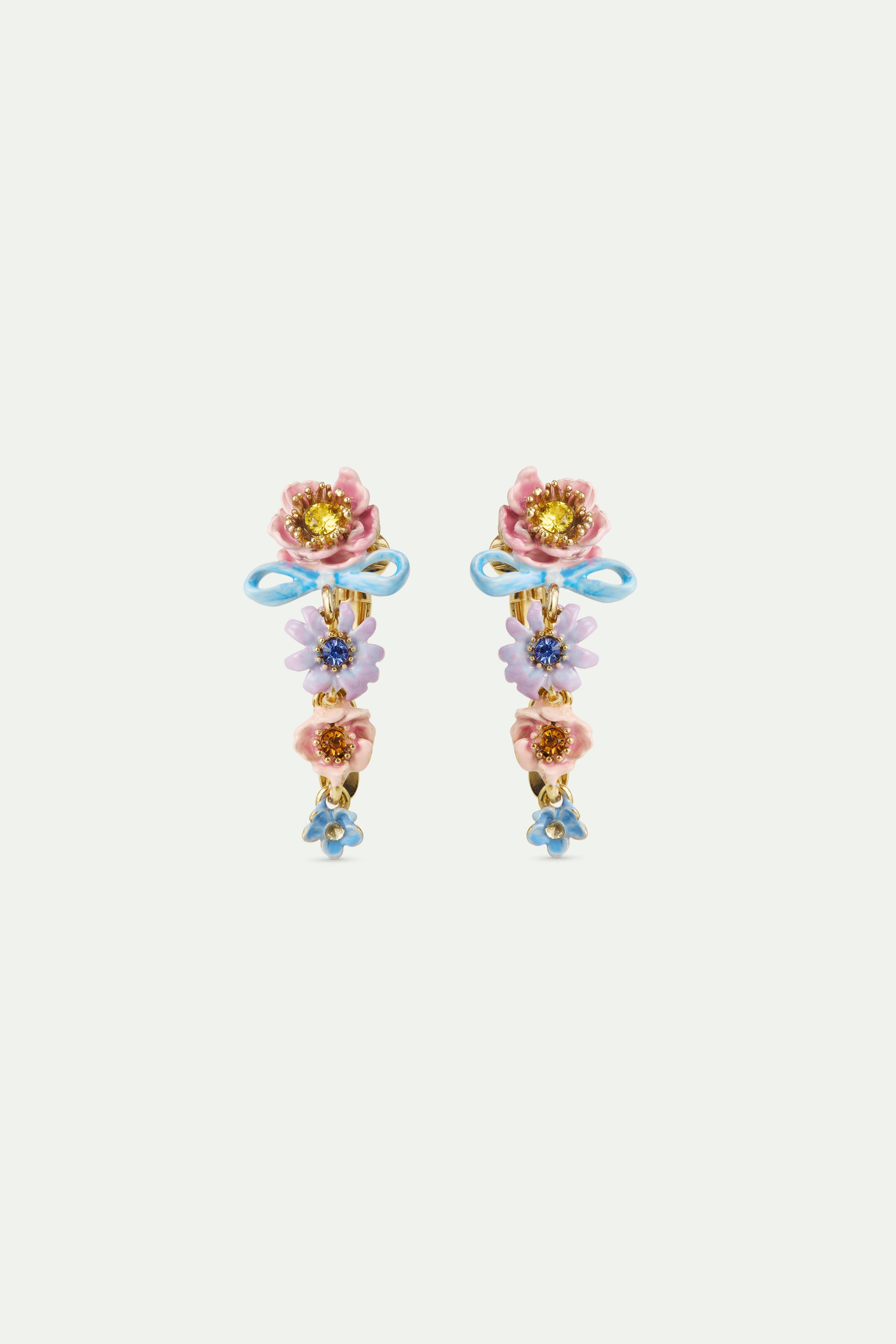 Pink and blue flowers and fine ribbon dangle earrings
