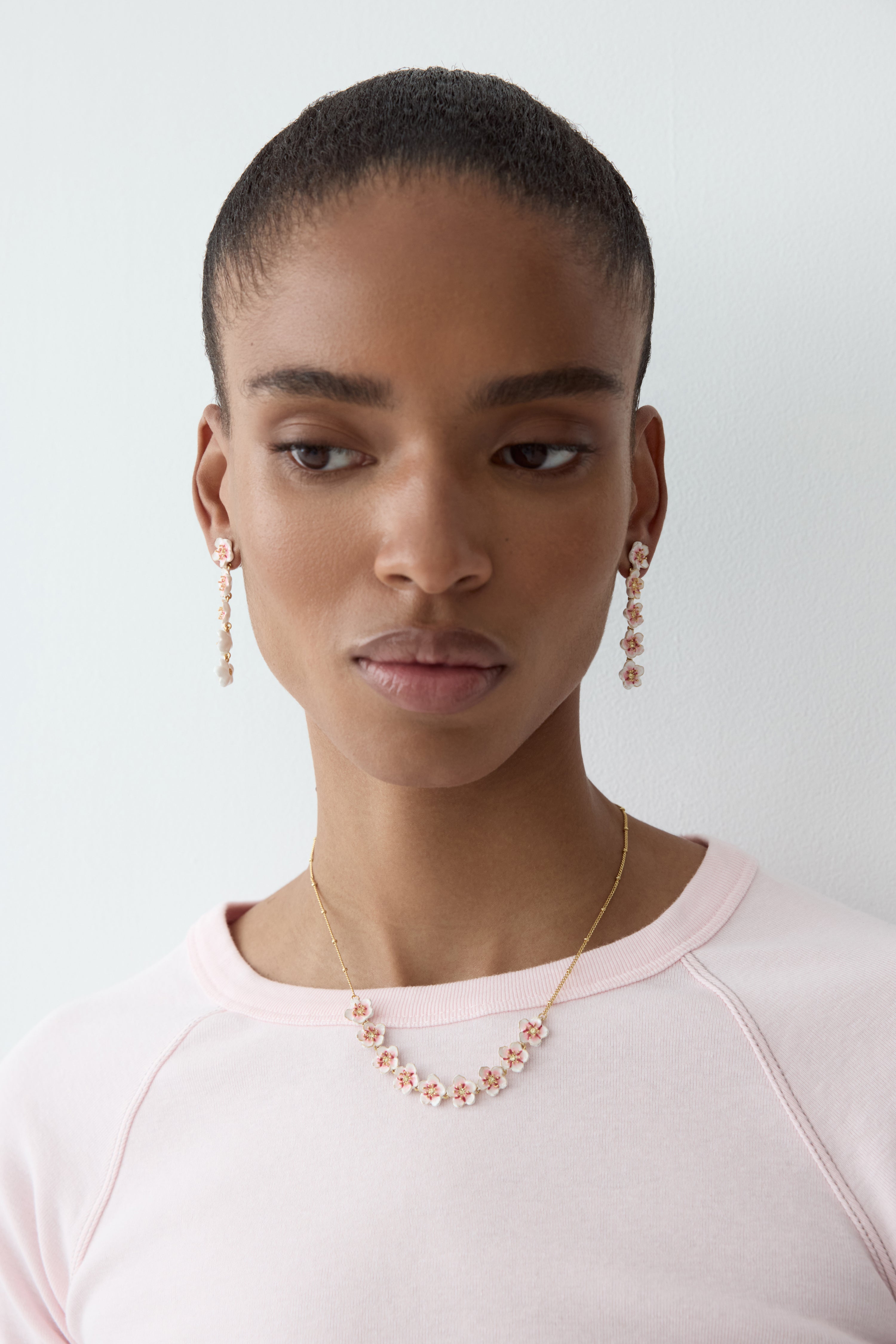 Mini white cherry blossom dangle earrings