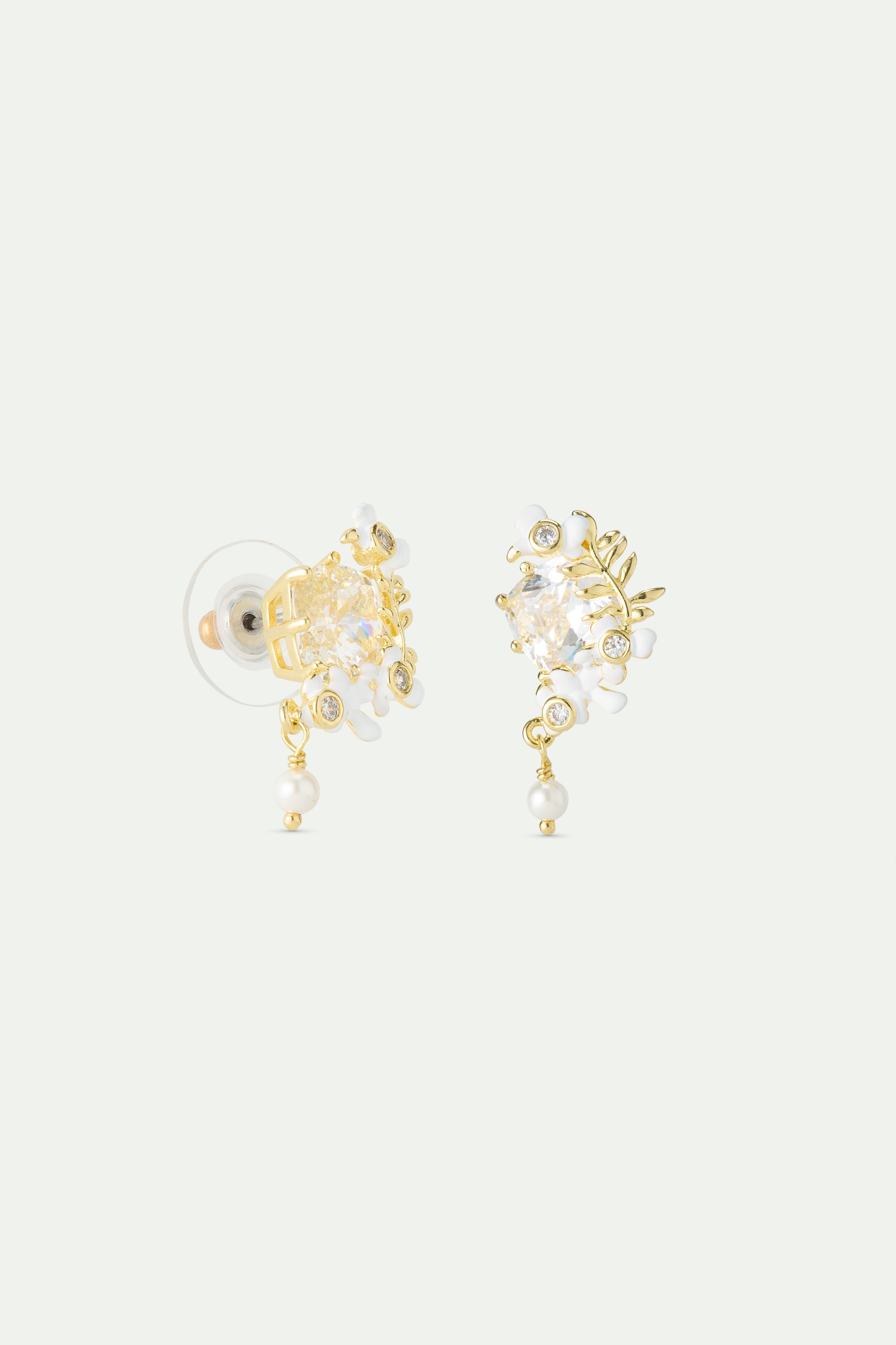 Faceted stone post earrings with clematis flower and Japanese kerria, golden laurel, white wisteria and cultured pearl