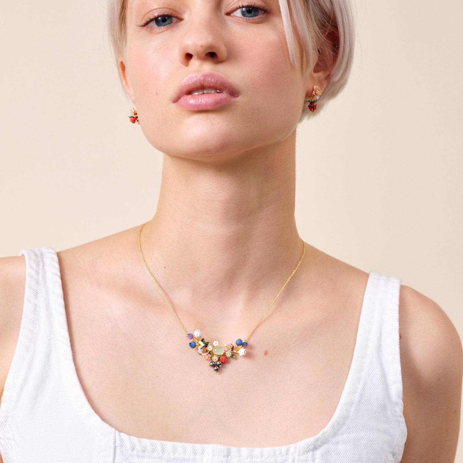 Blueberry, firefly and round cut stone statement necklace