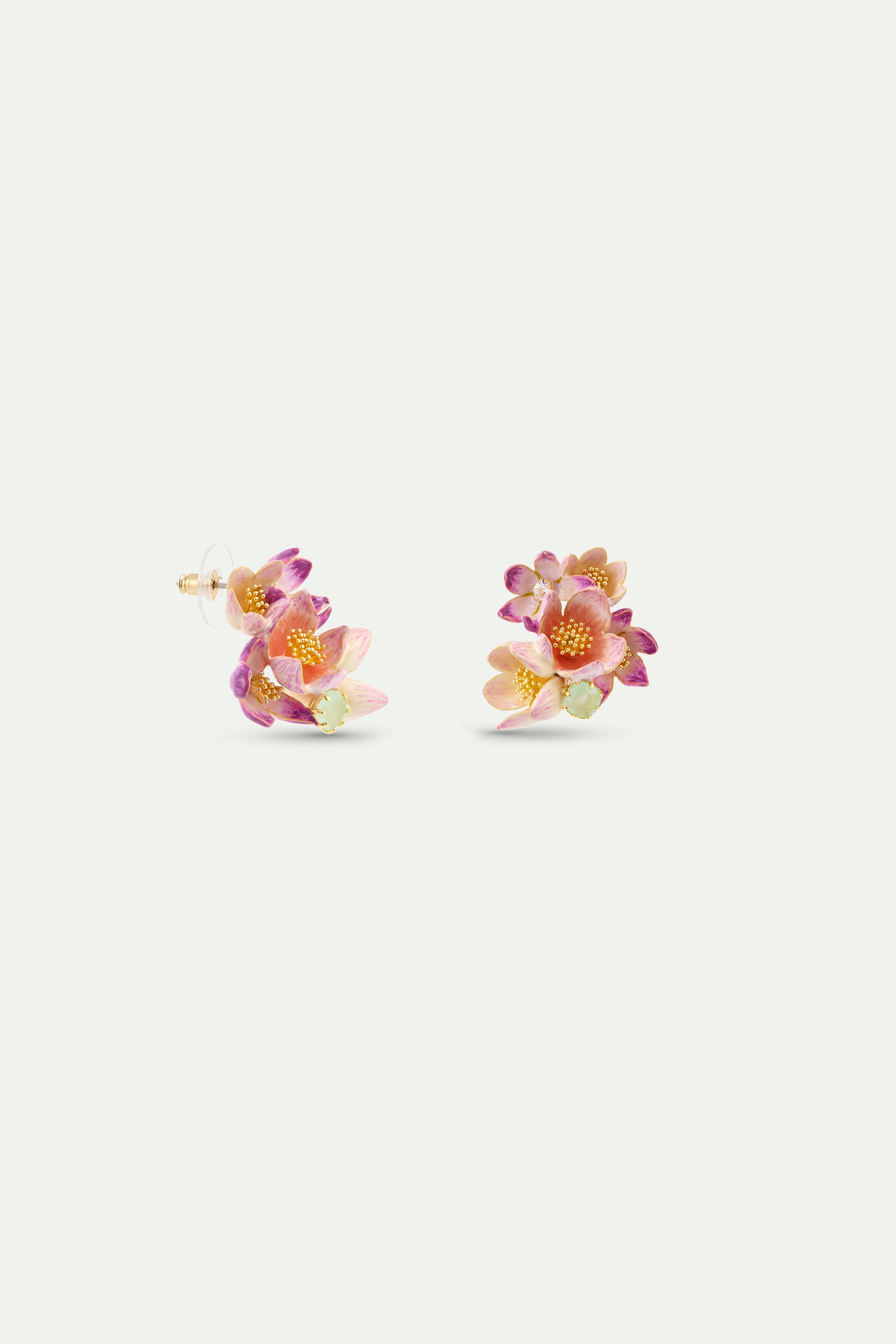 Boucles d'oreilles bouquet d'hellébores rose et violette et verre facetté vert