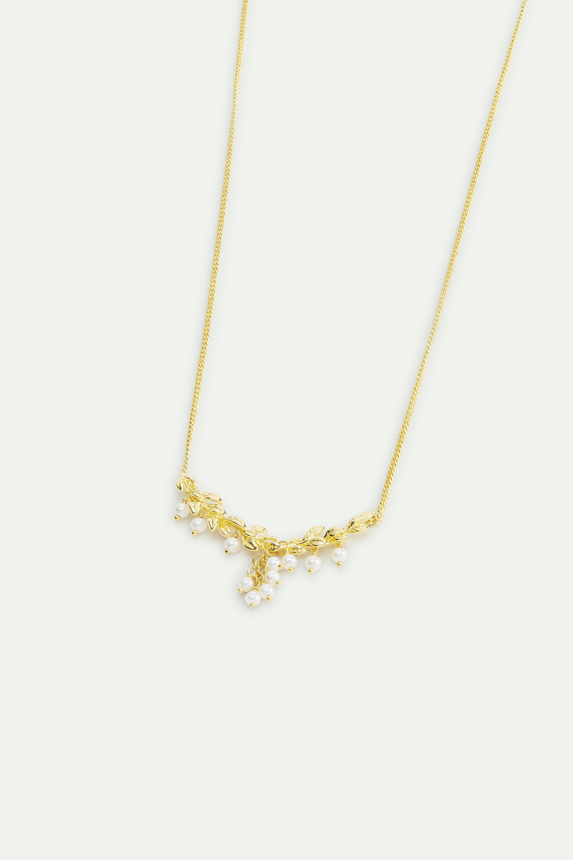 Gold and white statement necklace with laurel and cultured pearl