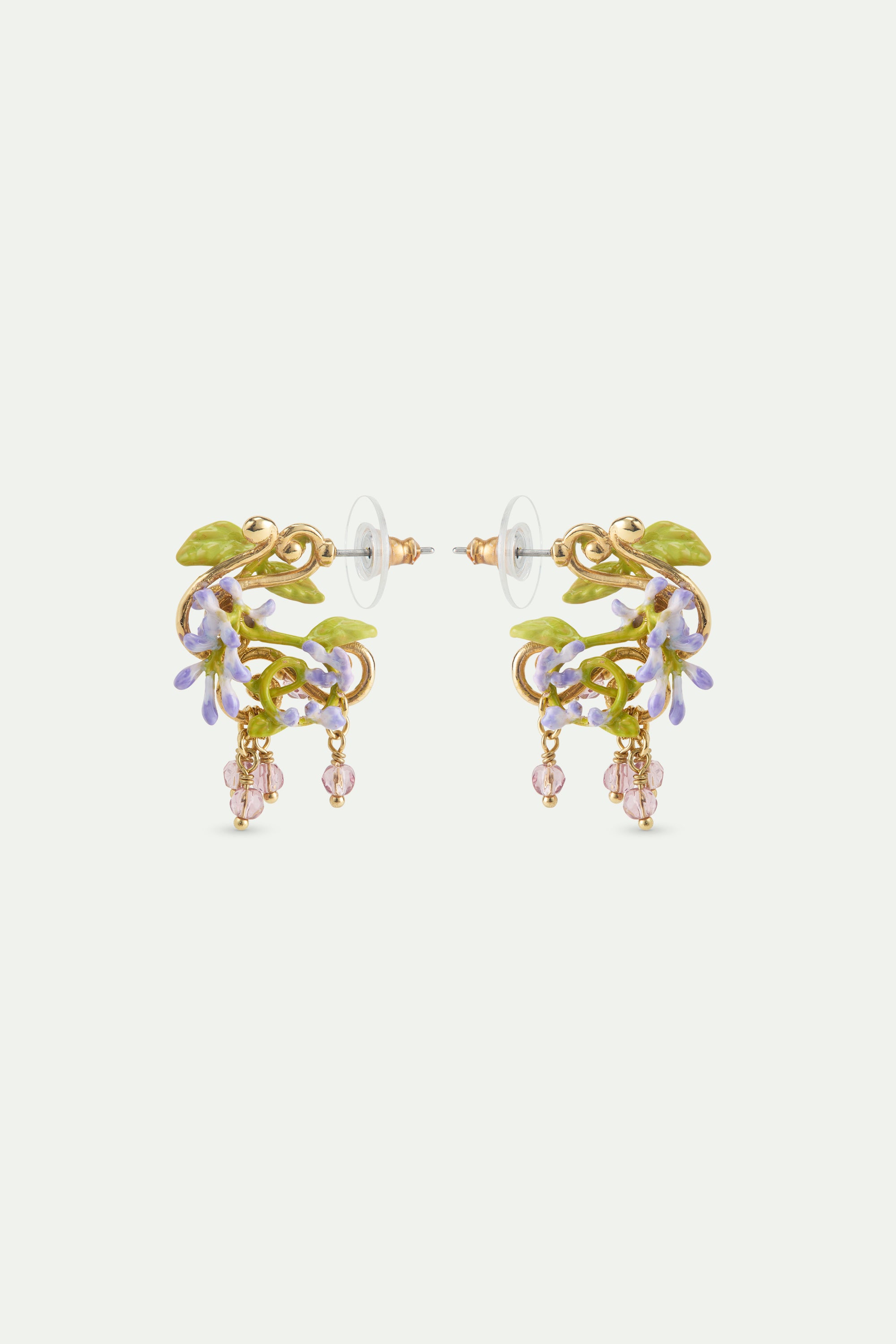 Purple wisteria post earrings on golden arabesque, ivy and faceted crystal beads
