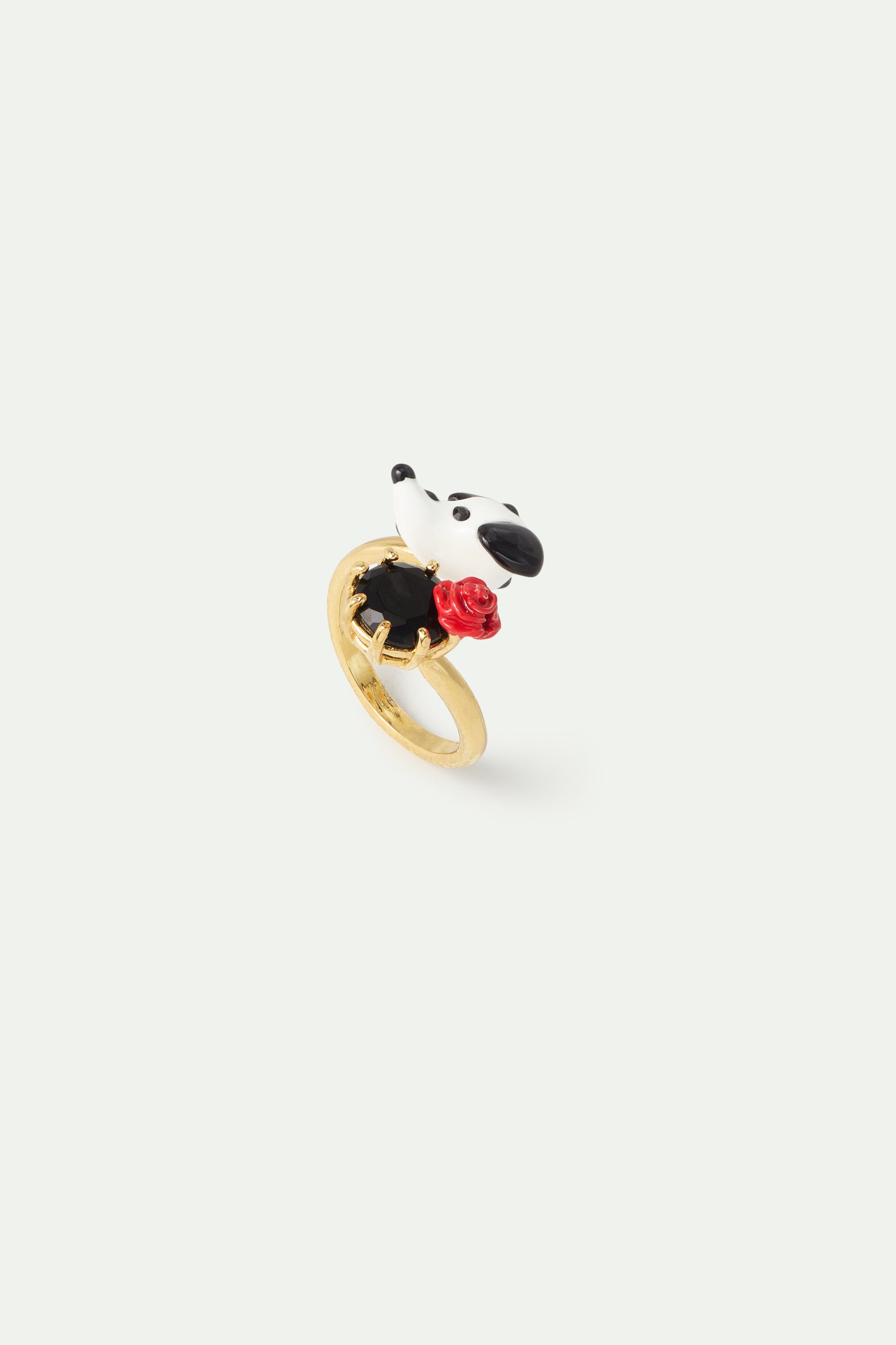 Dalmatian adjustable ring with black faceted round stone and red rose