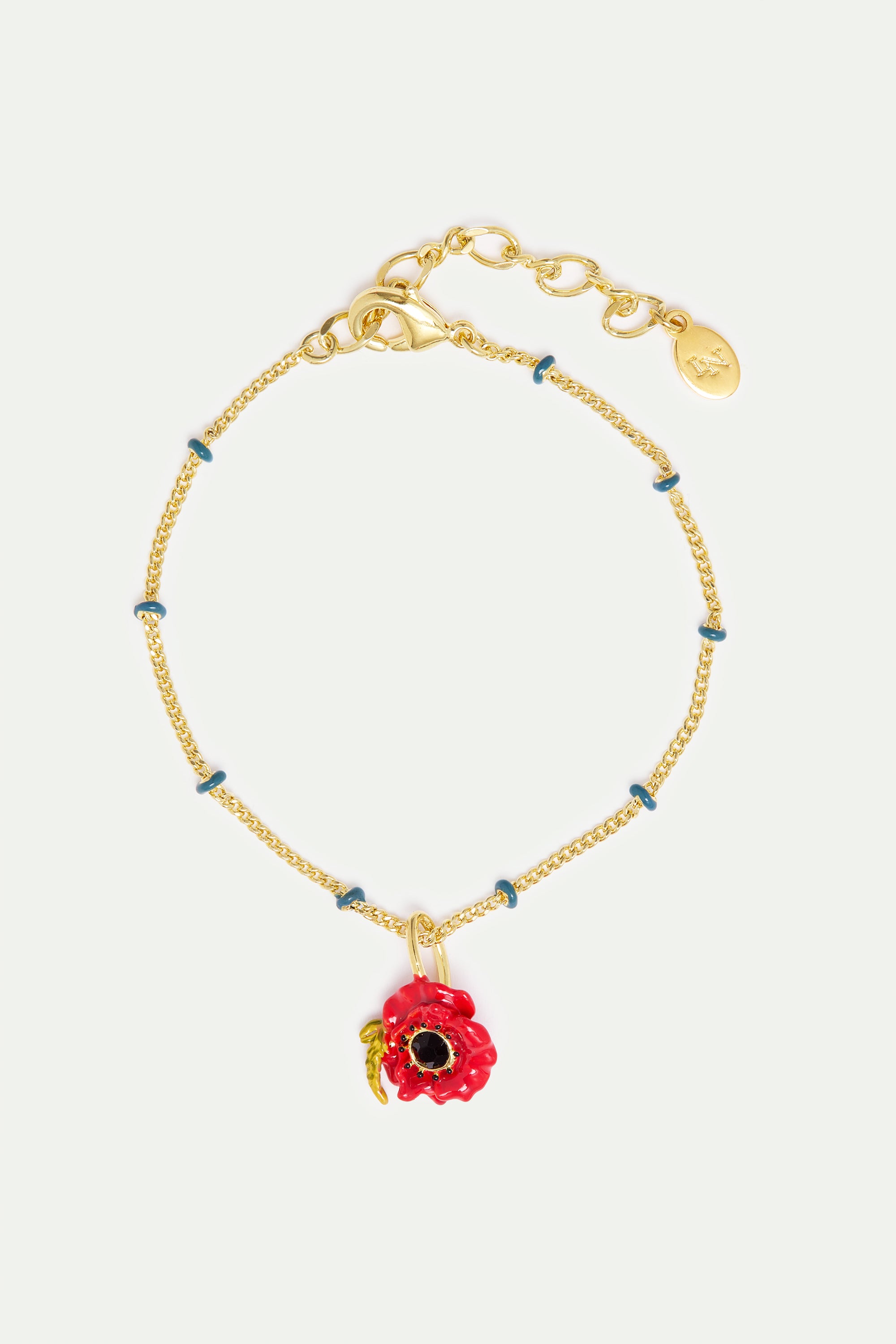 Fine bracelet with red poppy and black crystal