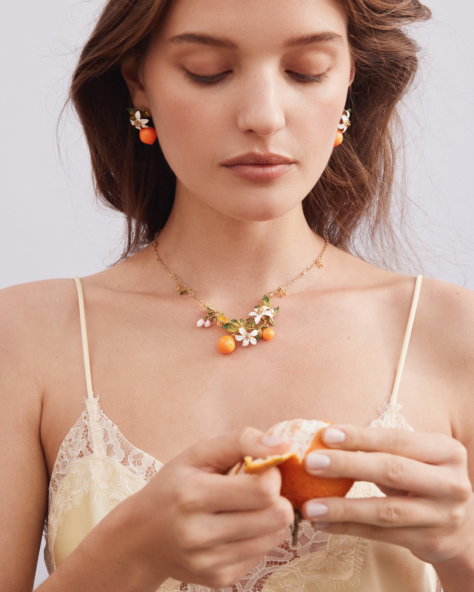 Orange blossoms and oranges collar necklace