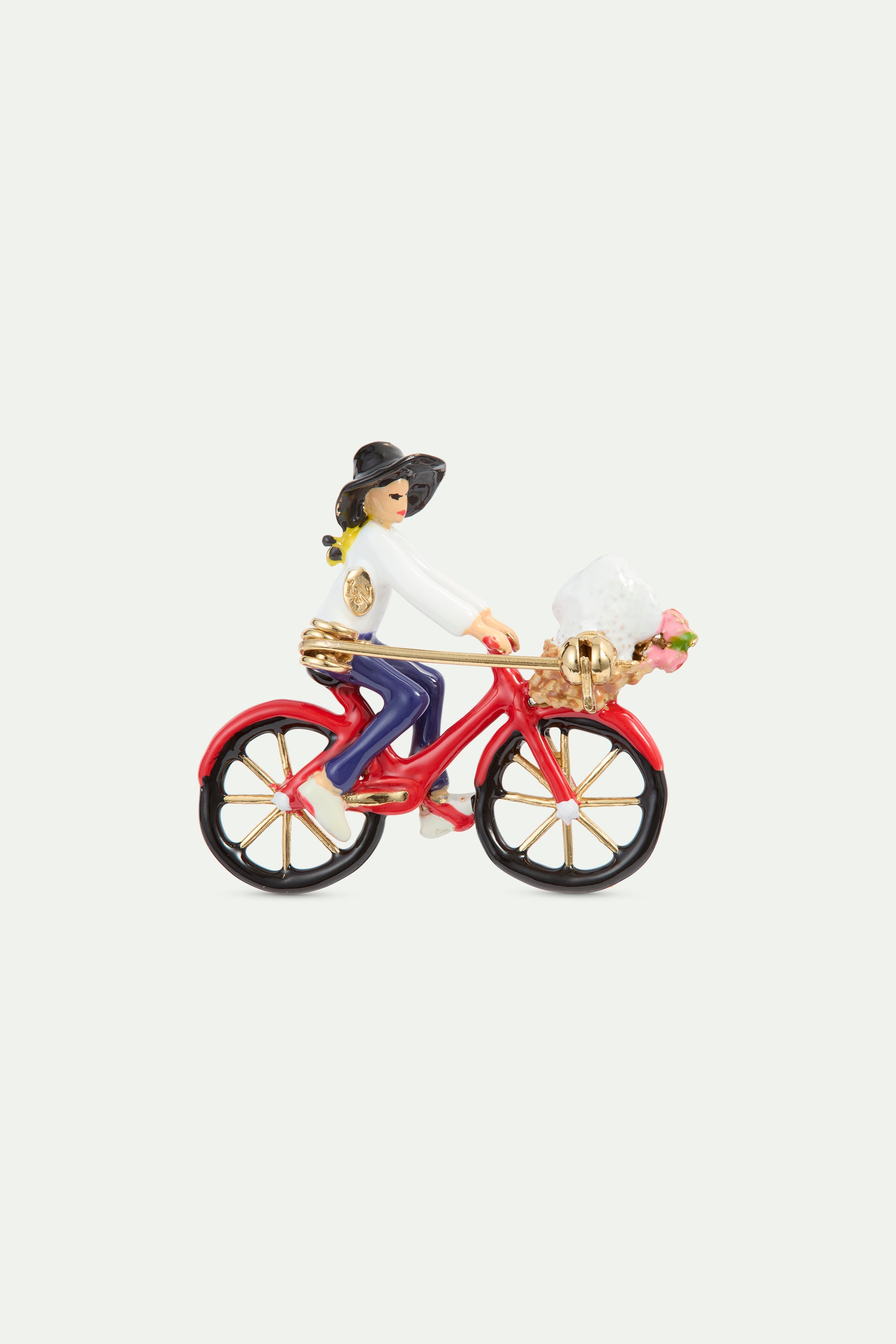 Brooch with bicycle, poodle and bunch of flowers