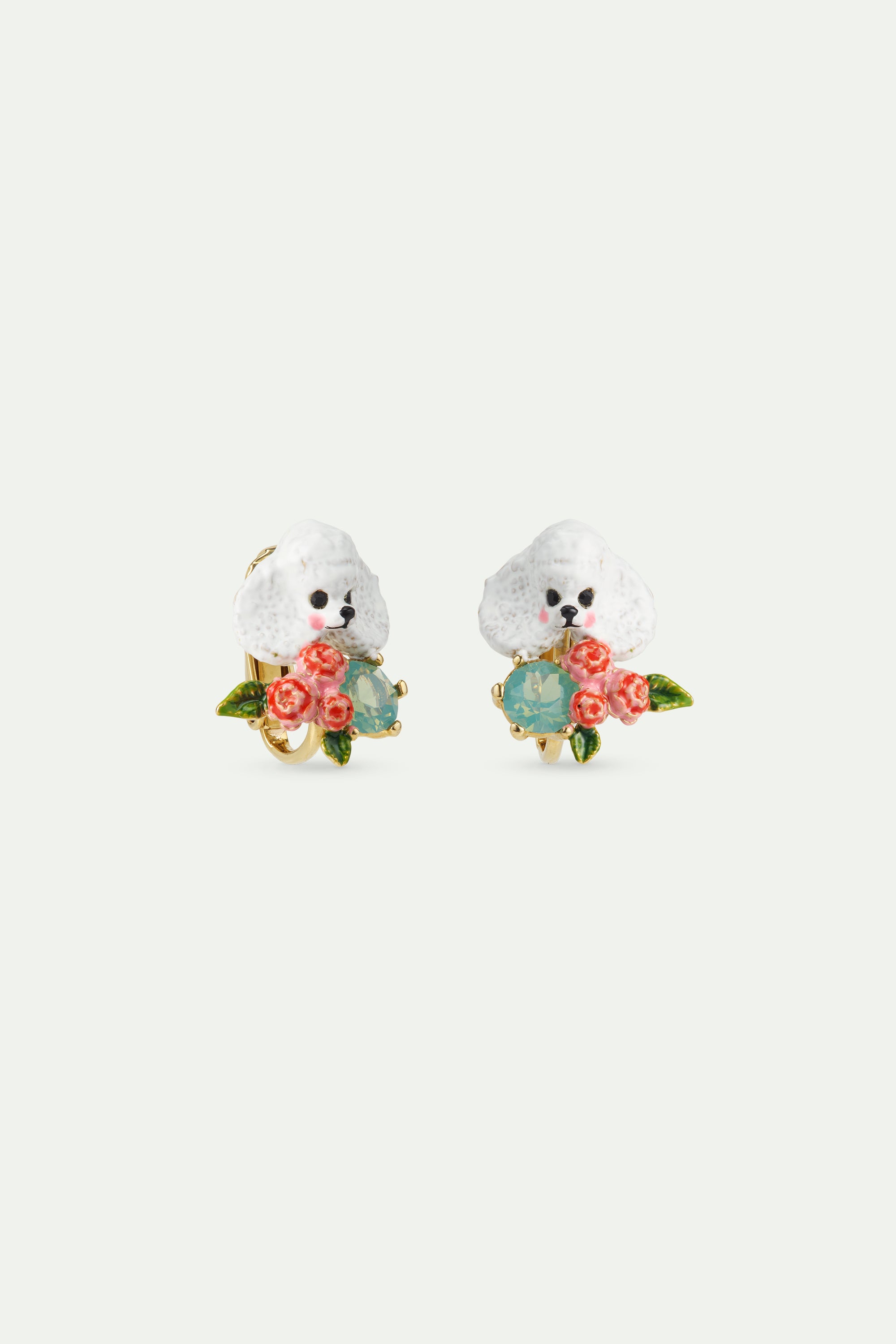 Poodle, pink flowers and blue stone earrings