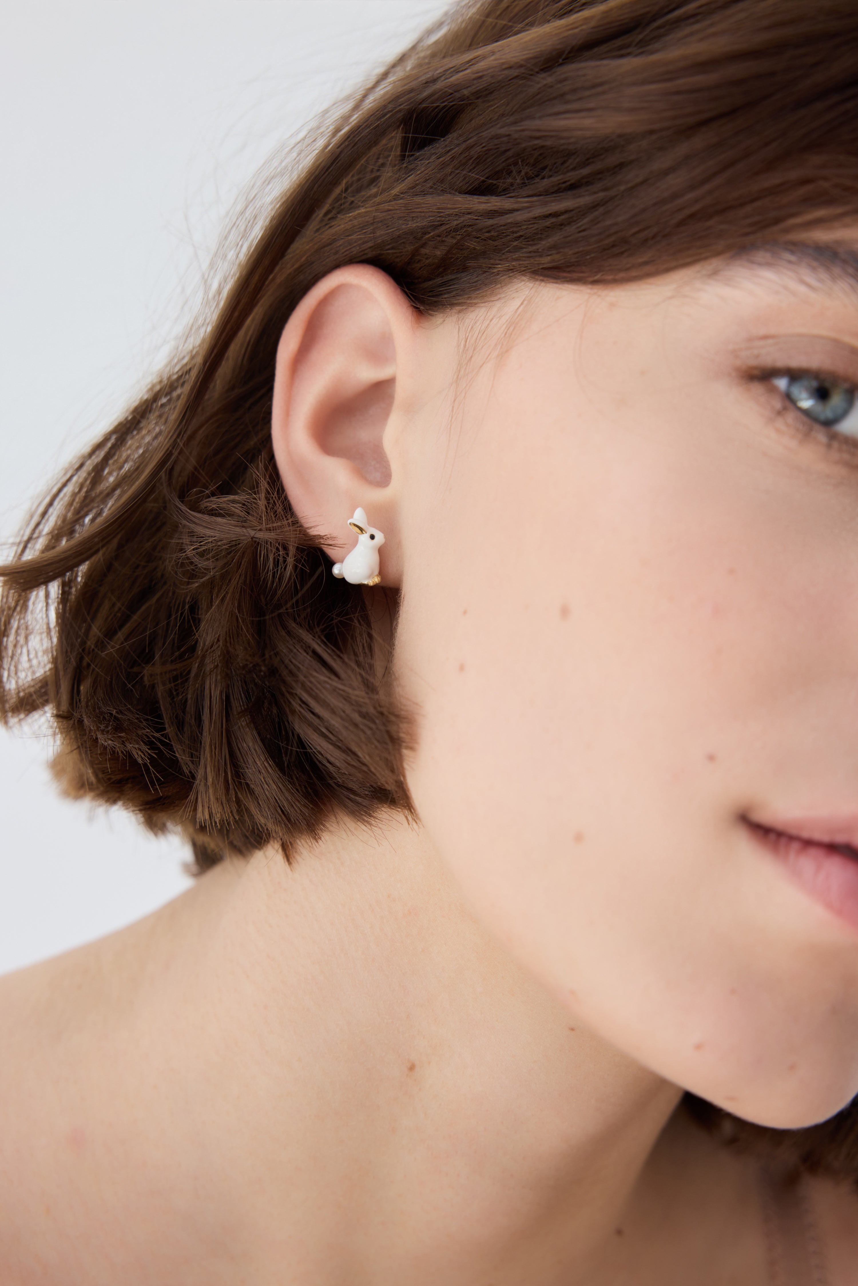 Rabbit and Pink flower Asymmetrical Clip on Earrings