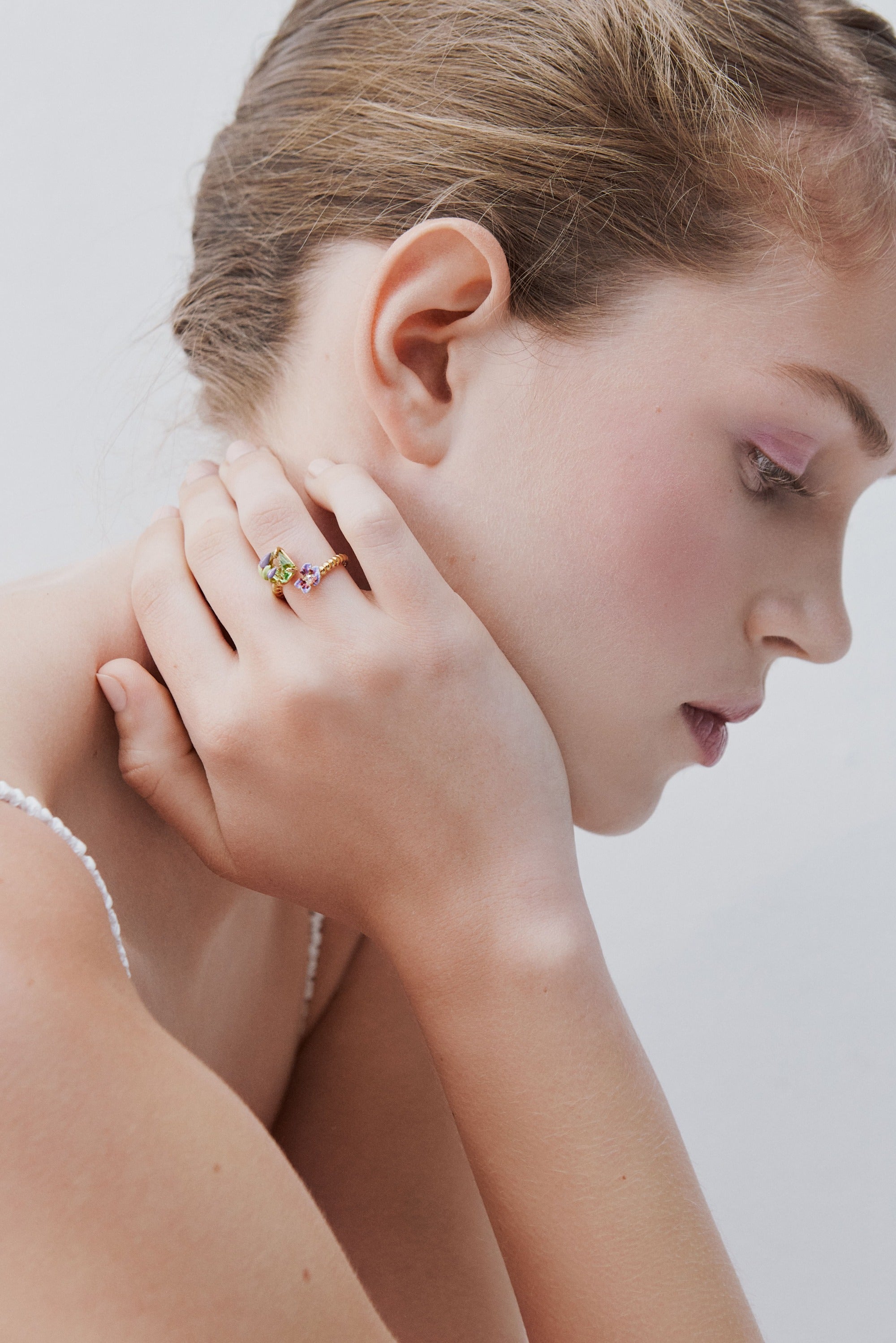 Purple clematis and green emerald-cut crystal adjustable ring