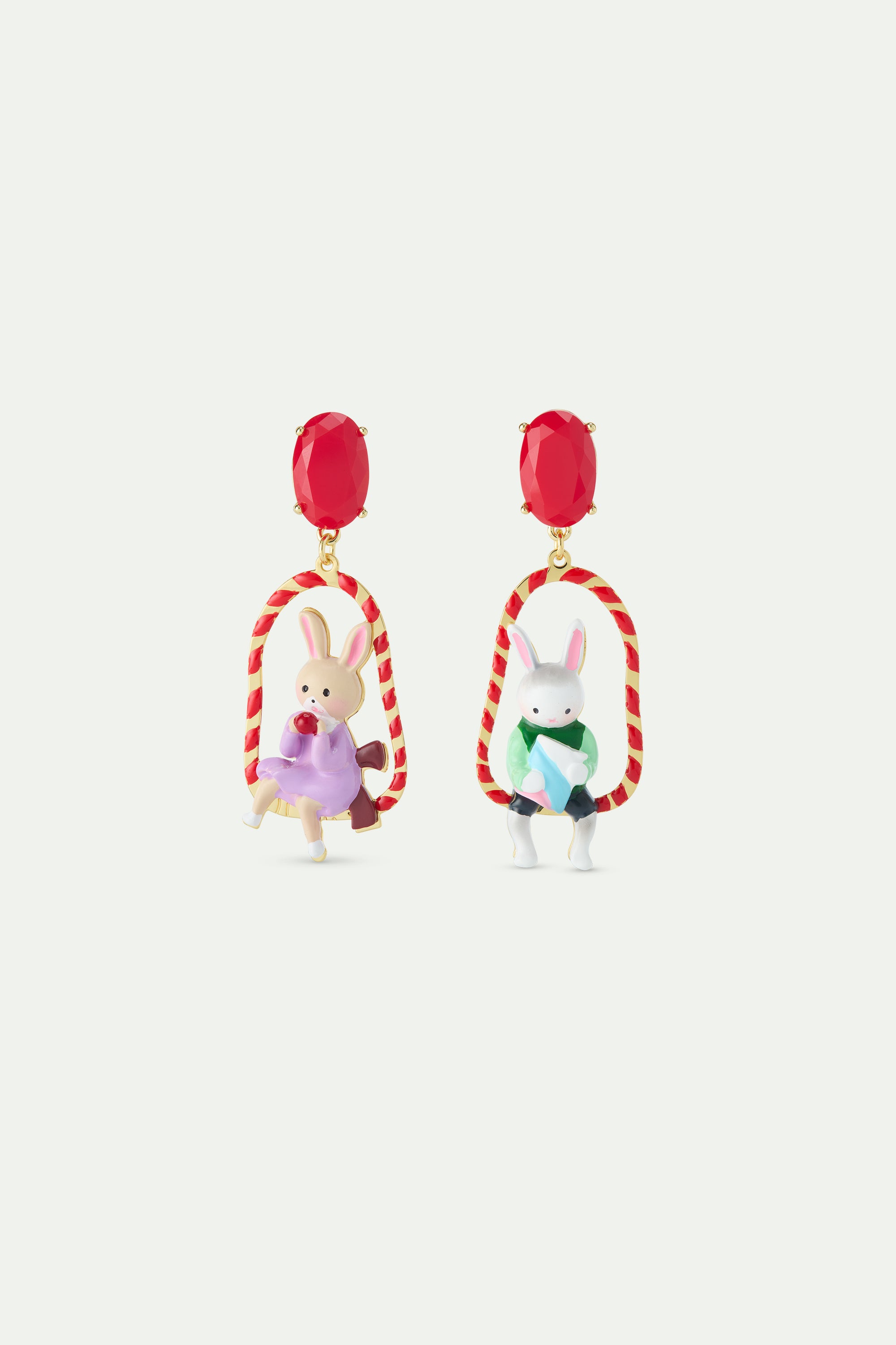 Asymmetrical dangle earrings with rabbit Hansel and Gretel on red swing