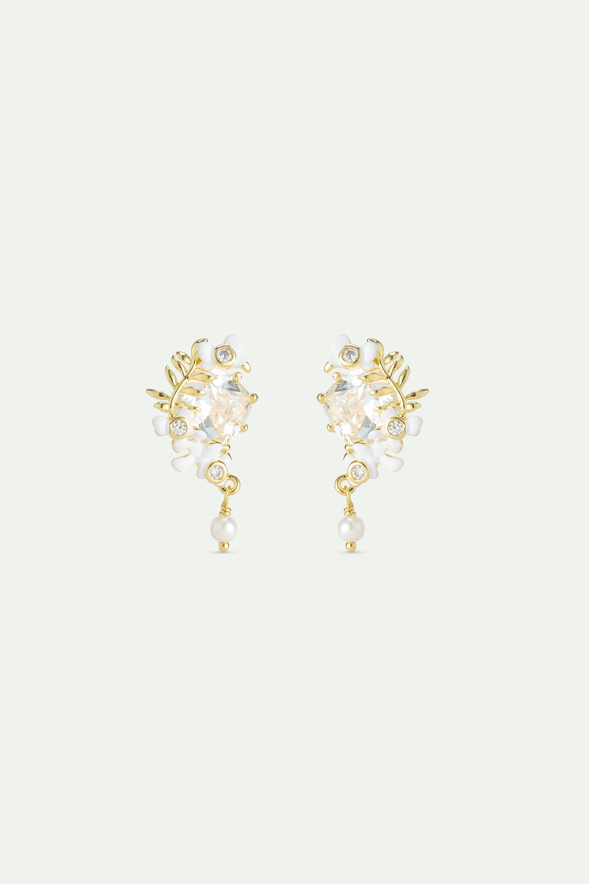 Faceted stone post earrings with clematis flower and Japanese kerria, golden laurel, white wisteria and cultured pearl
