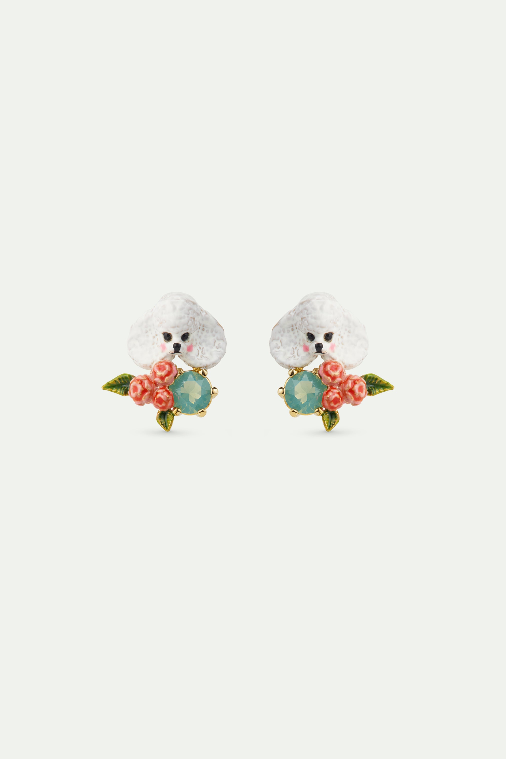 Poodle, pink flowers and blue stone earrings