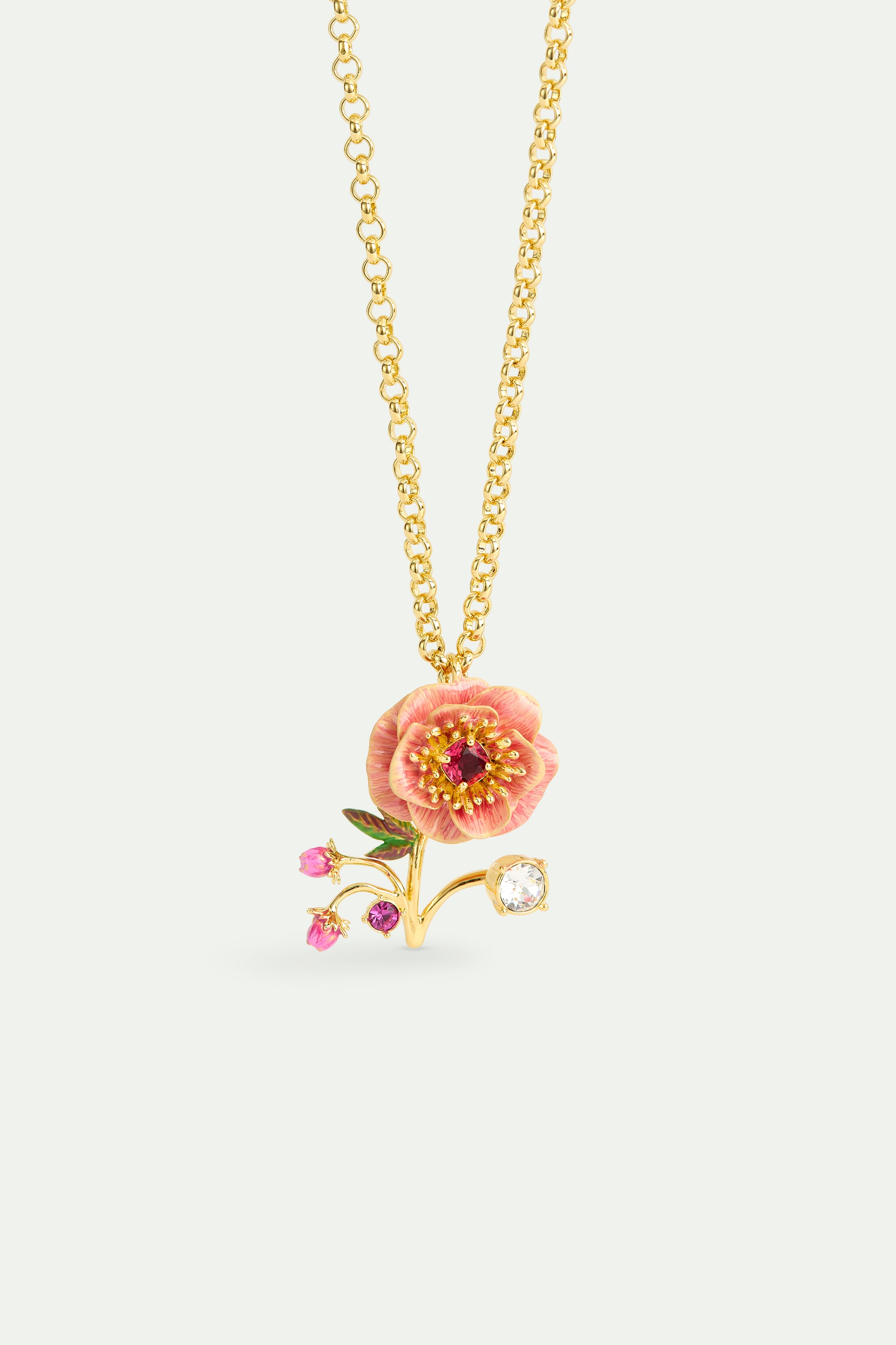 Pink anemone, rose bud and crystal necklace