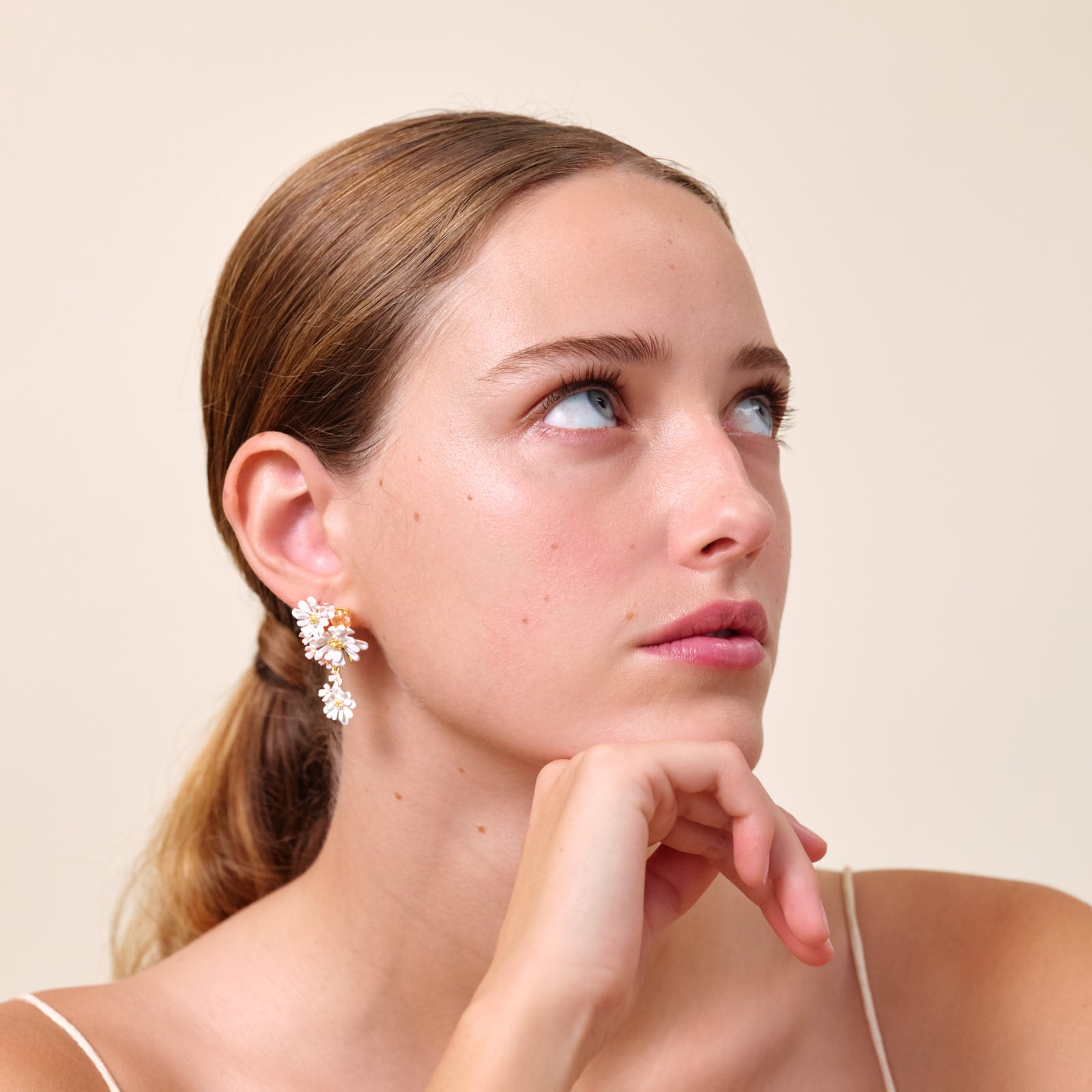 Verbena flower and round stone dangling post earrings