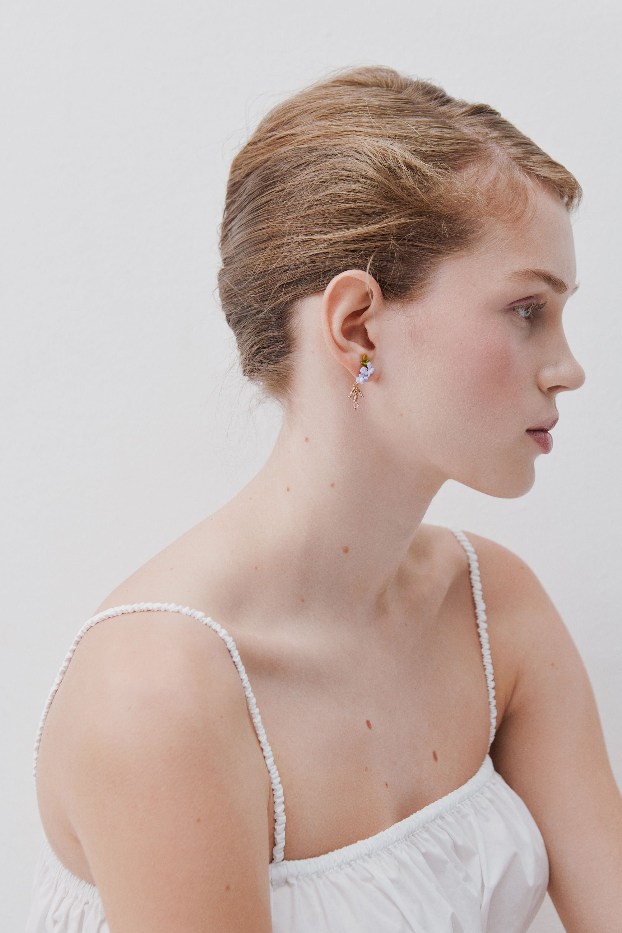 Purple wisteria, ivy and faceted crystal bead dangle earrings