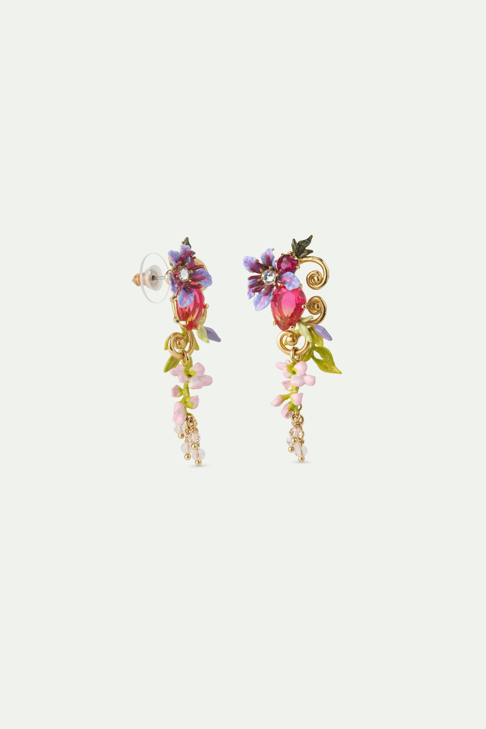 Two-tone faceted glass dangle earrings, pink wisteria on a golden arabesque, faceted crystal bead and ivy