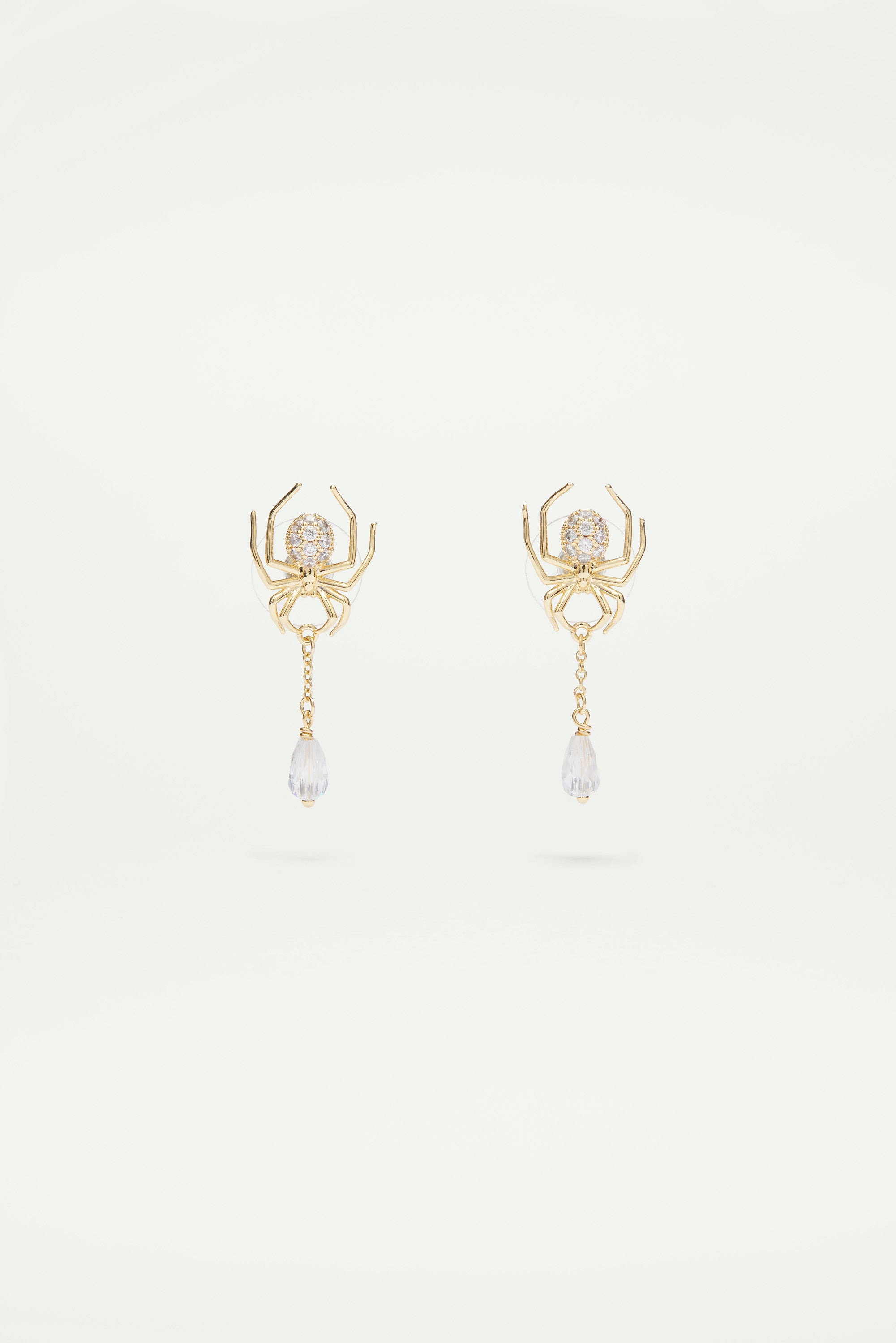 Golden spider and cut glass dangling earrings