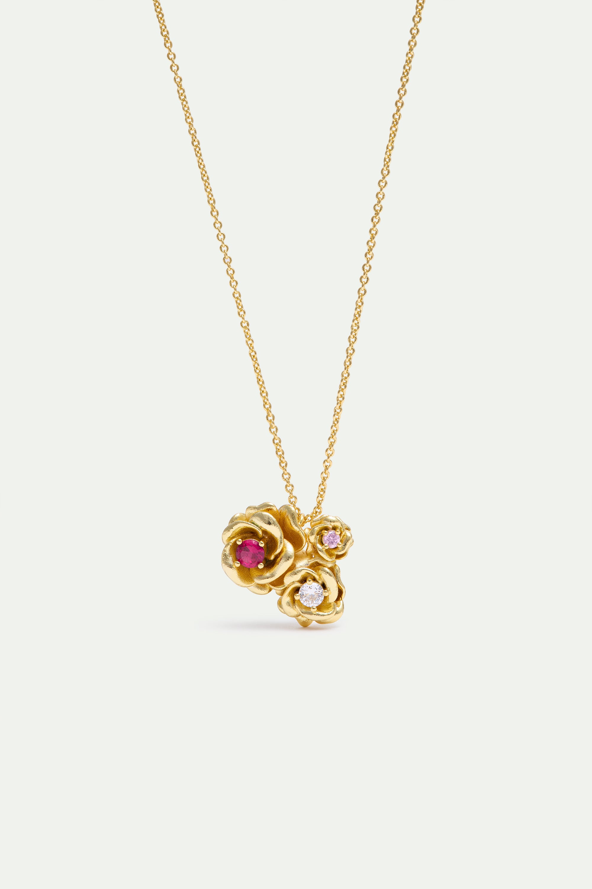 Pendant necklace with gold Mona Lisa roses and round stones