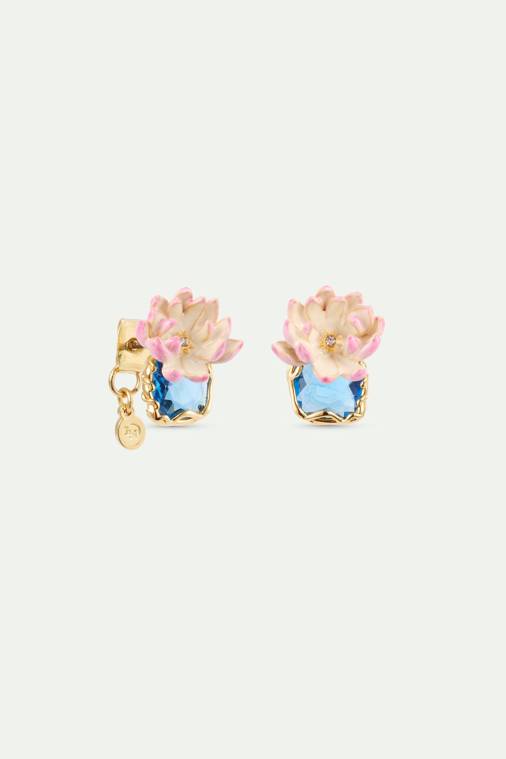 Pendientes bolitas nenúfar rosa y piedra redonda azul