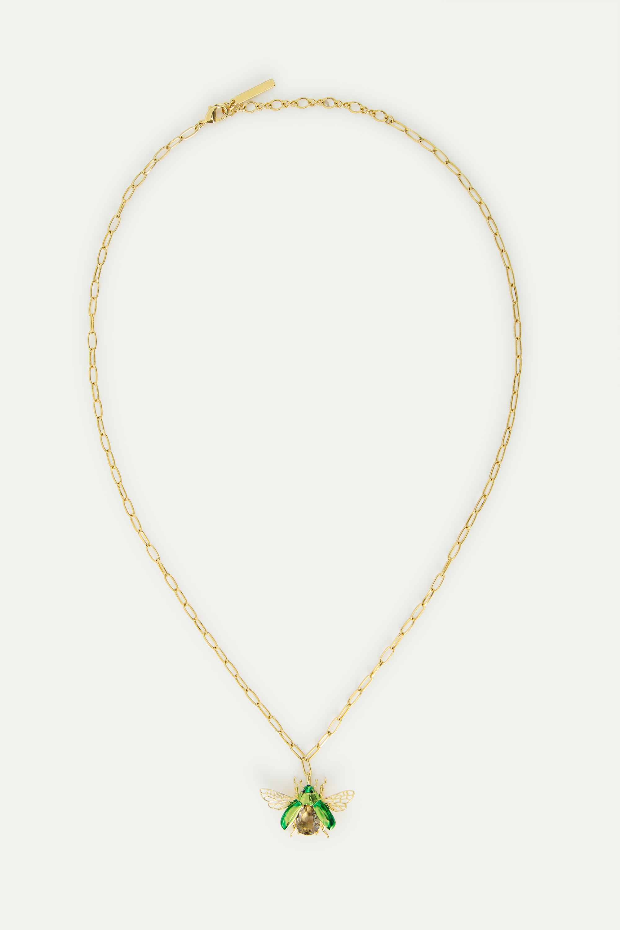 Flying green rose chafer pendant necklace with black faceted stone