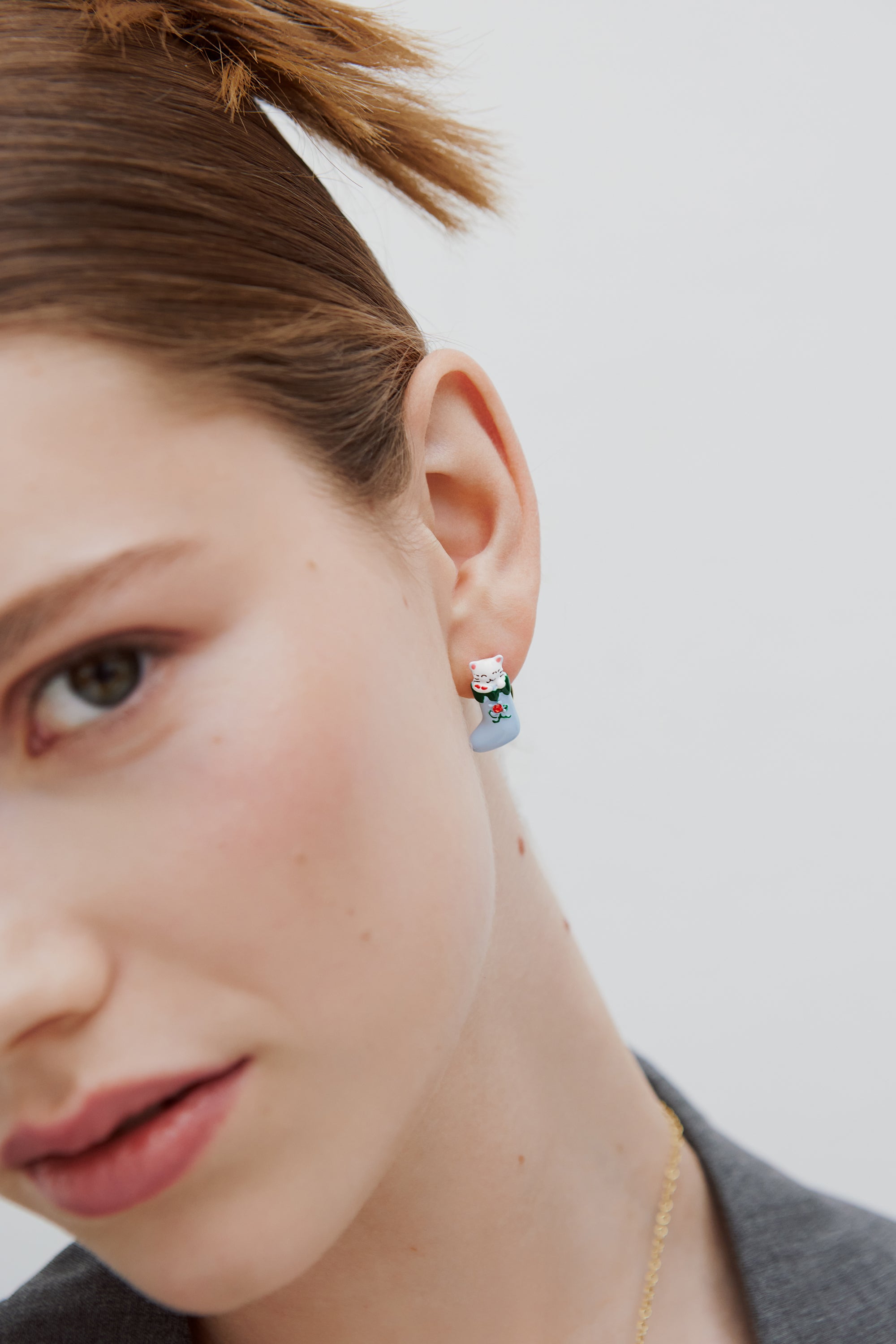 Christmas stocking earrings with white and grey cats and red faceted crystal