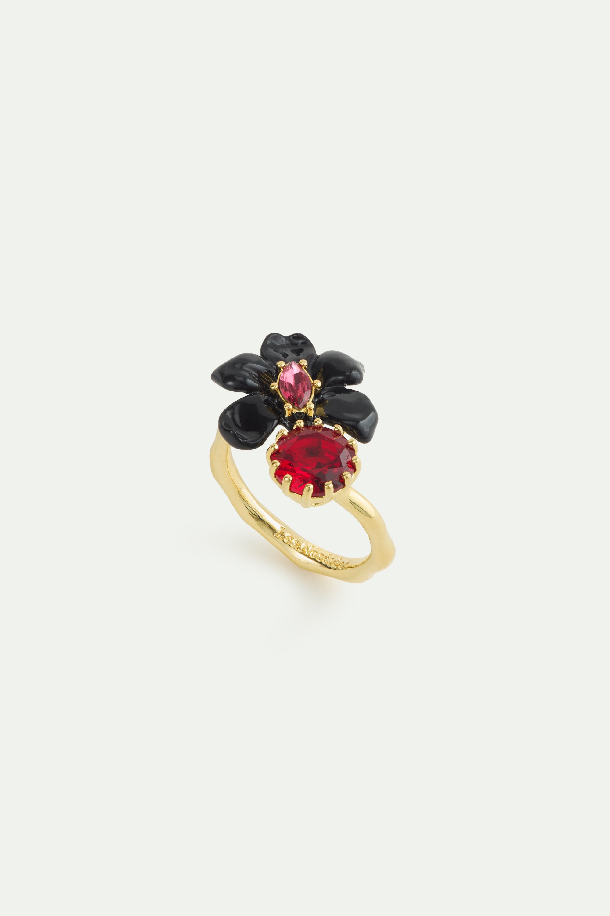 Black orchid adjustable ring with pink faceted crystal and red faceted glass