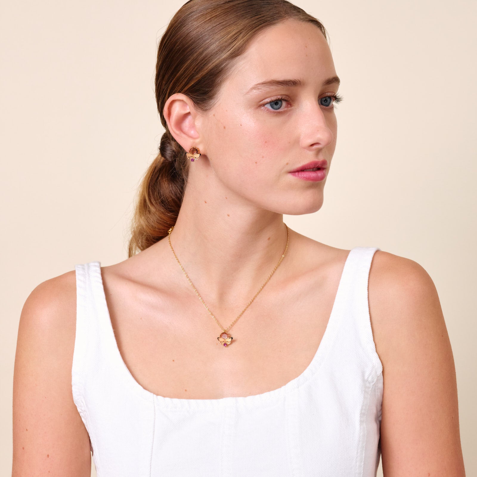 Butterfly and cut glass stone pendant necklace