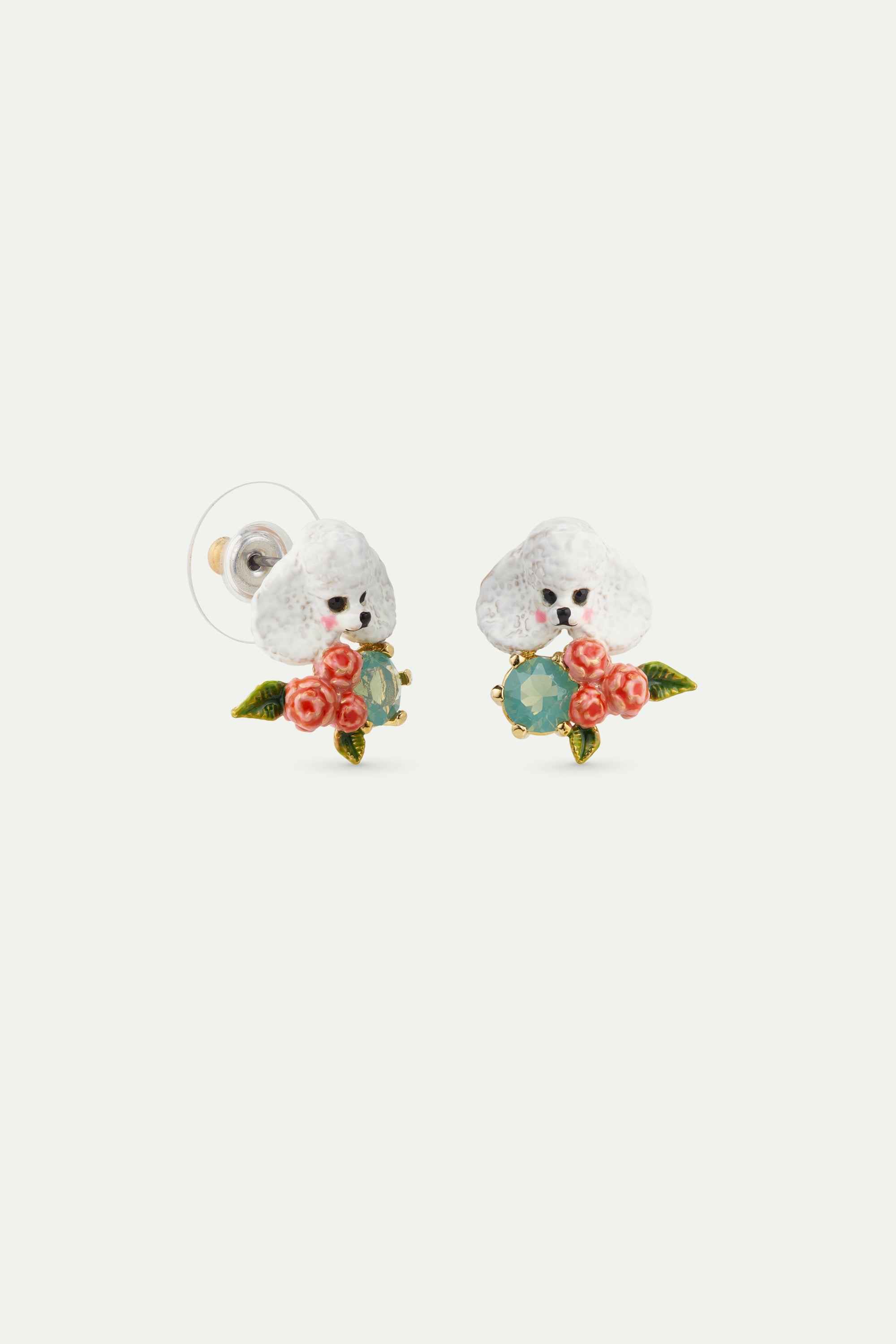 Poodle, pink flowers and blue stone earrings