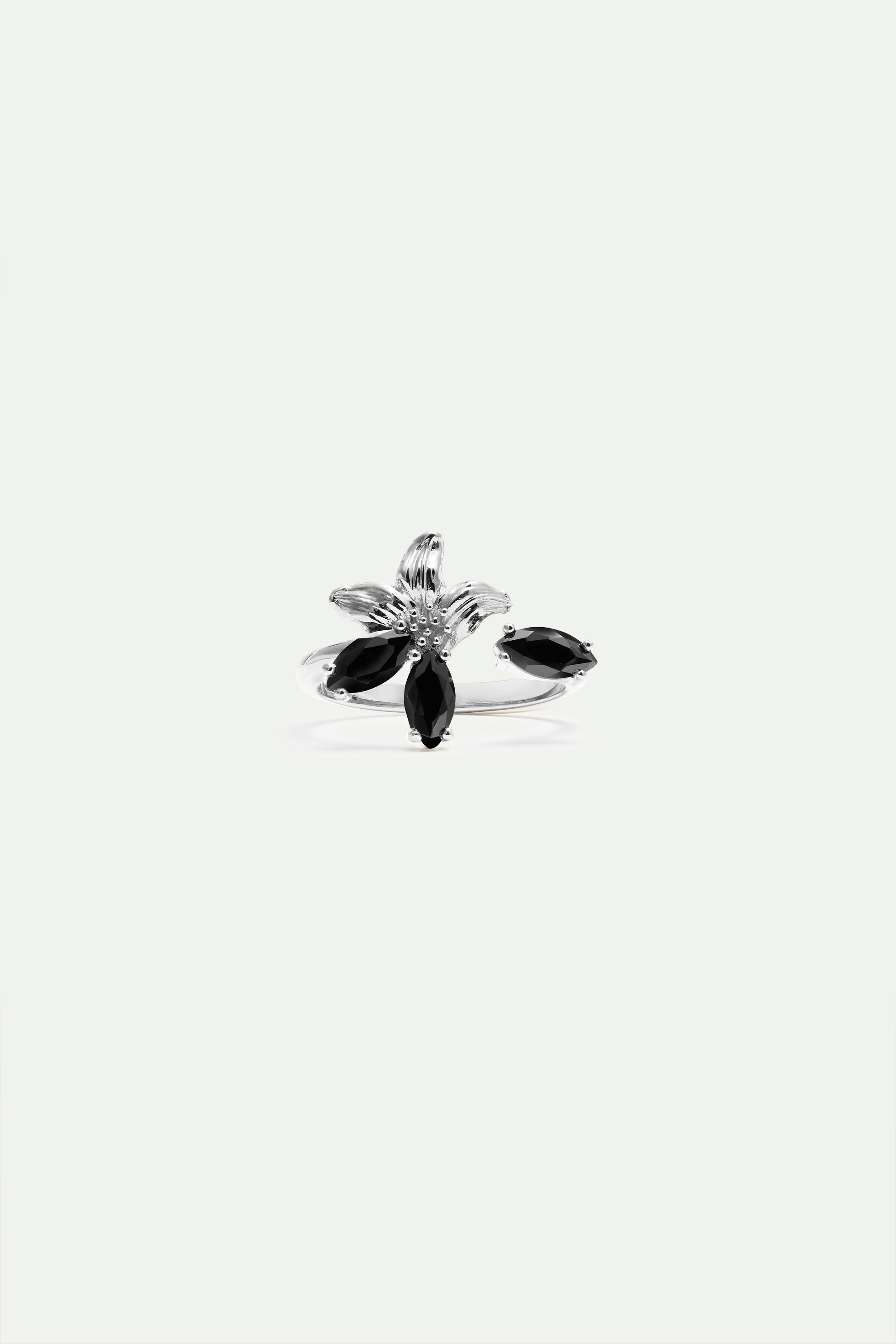 Silver lily and black stone adjustable ring