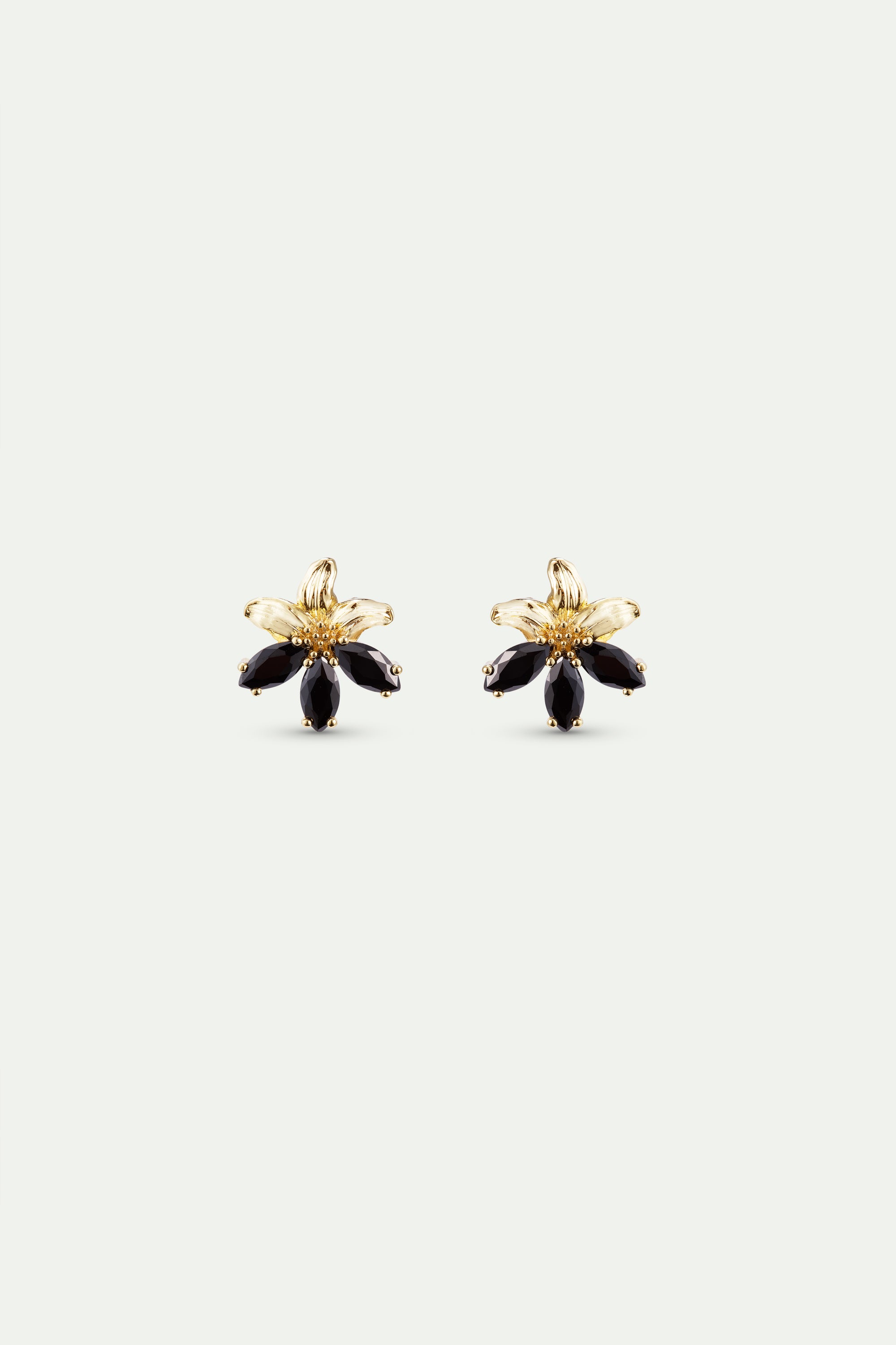 Golden lily and black stone post earrings