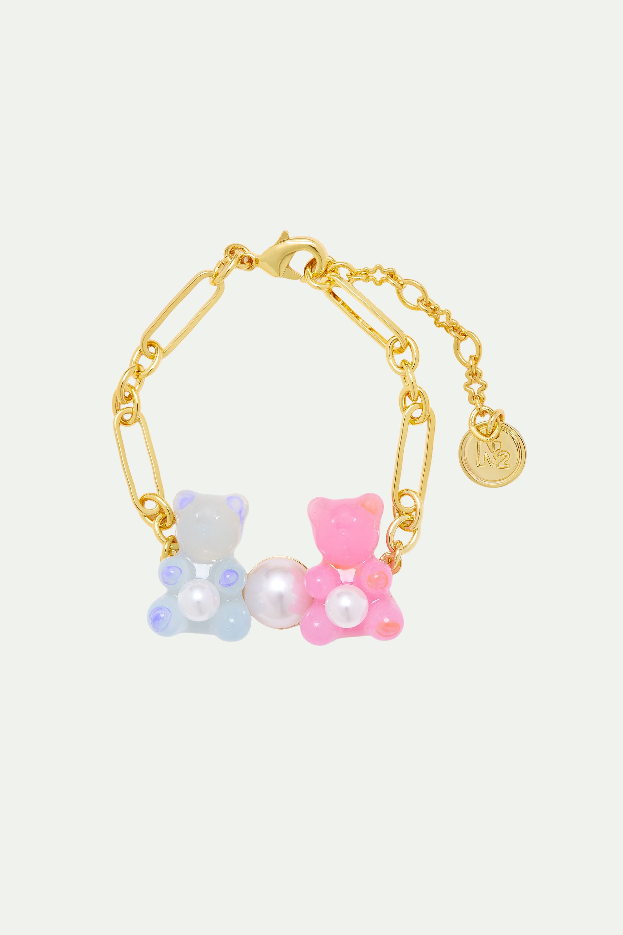 Blue and pink teddy bear sweet bracelet with white imitation pearl