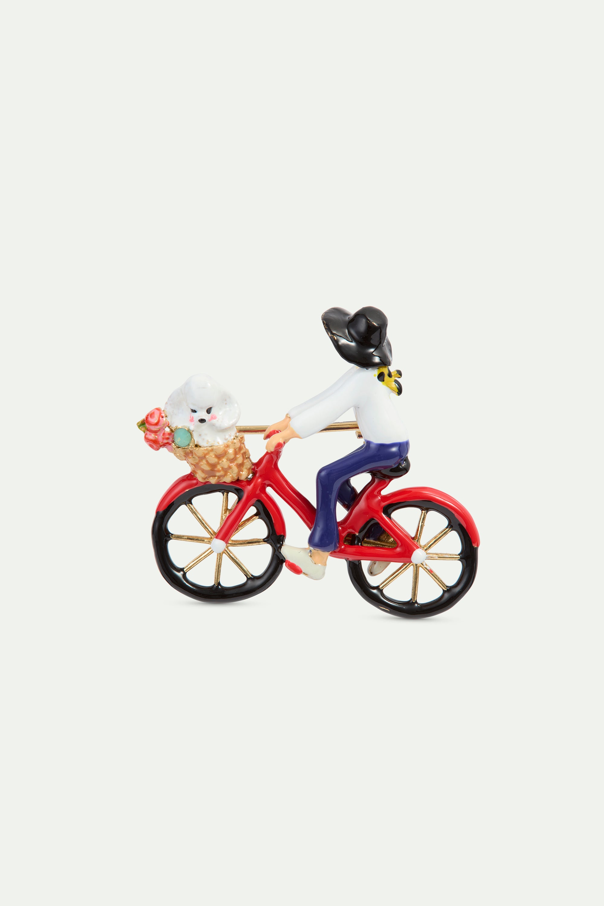 Brooch with bicycle, poodle and bunch of flowers