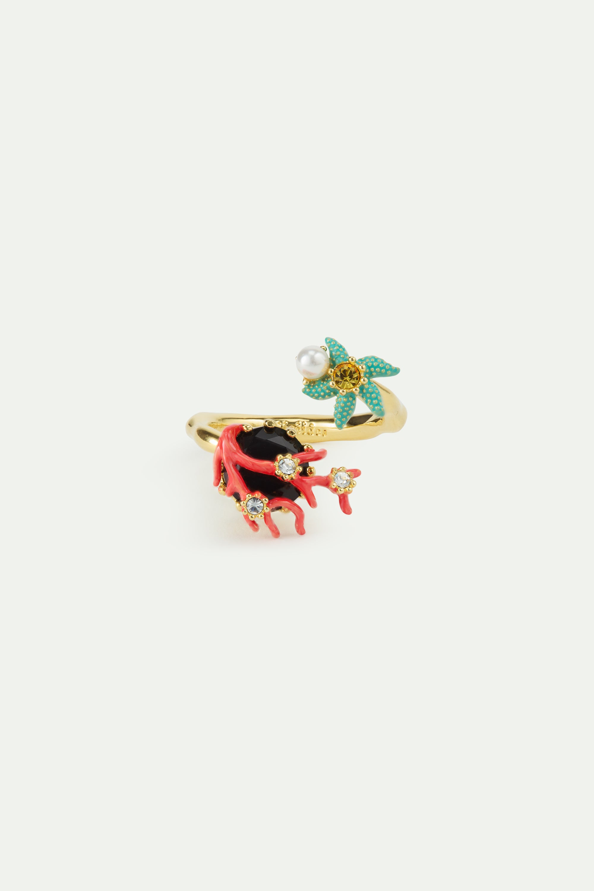 Adjustable ring with black faceted stone, red coral, blue starfish and cultured pearl