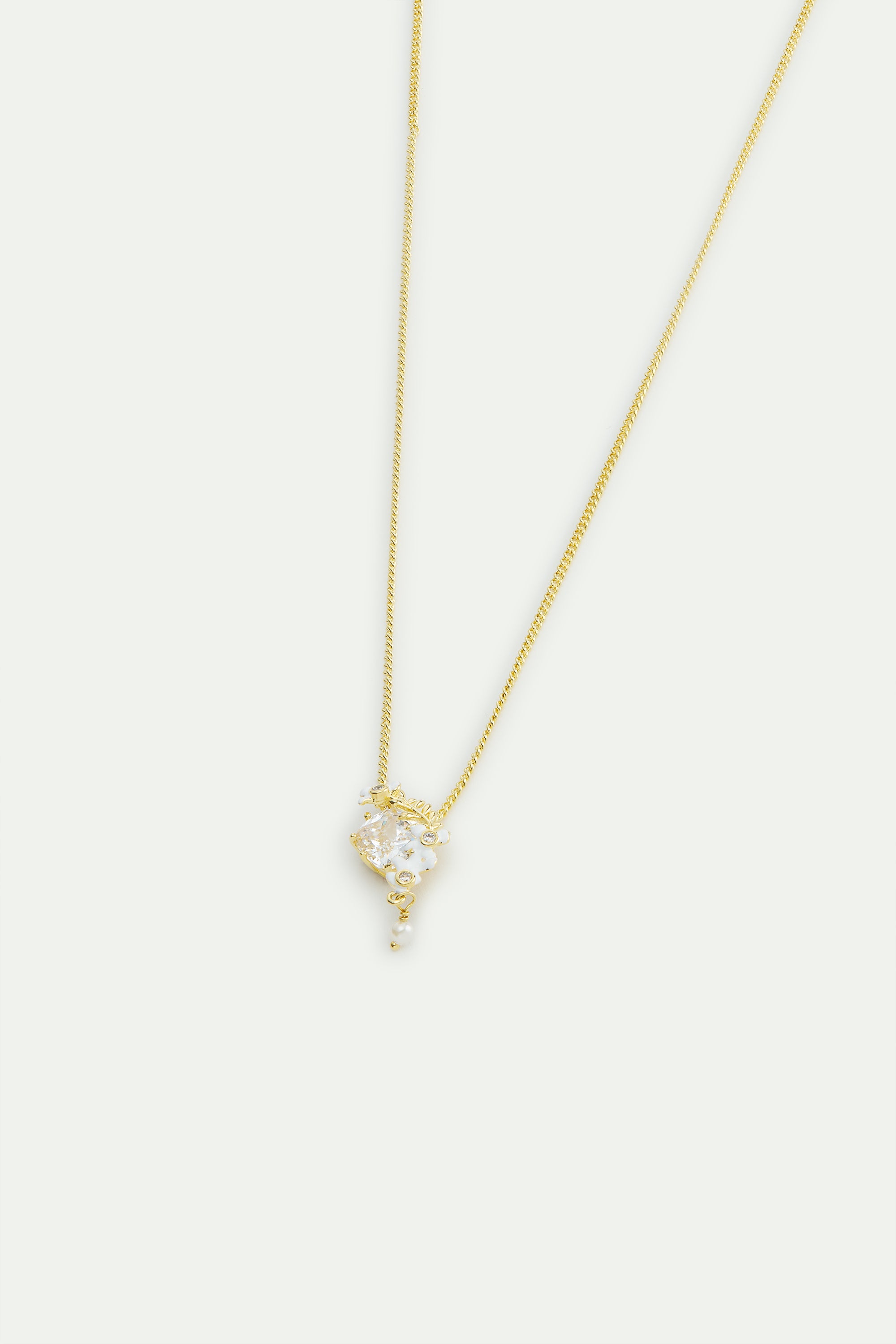 Faceted stone, laurel, white wisteria and cultured pearl necklace