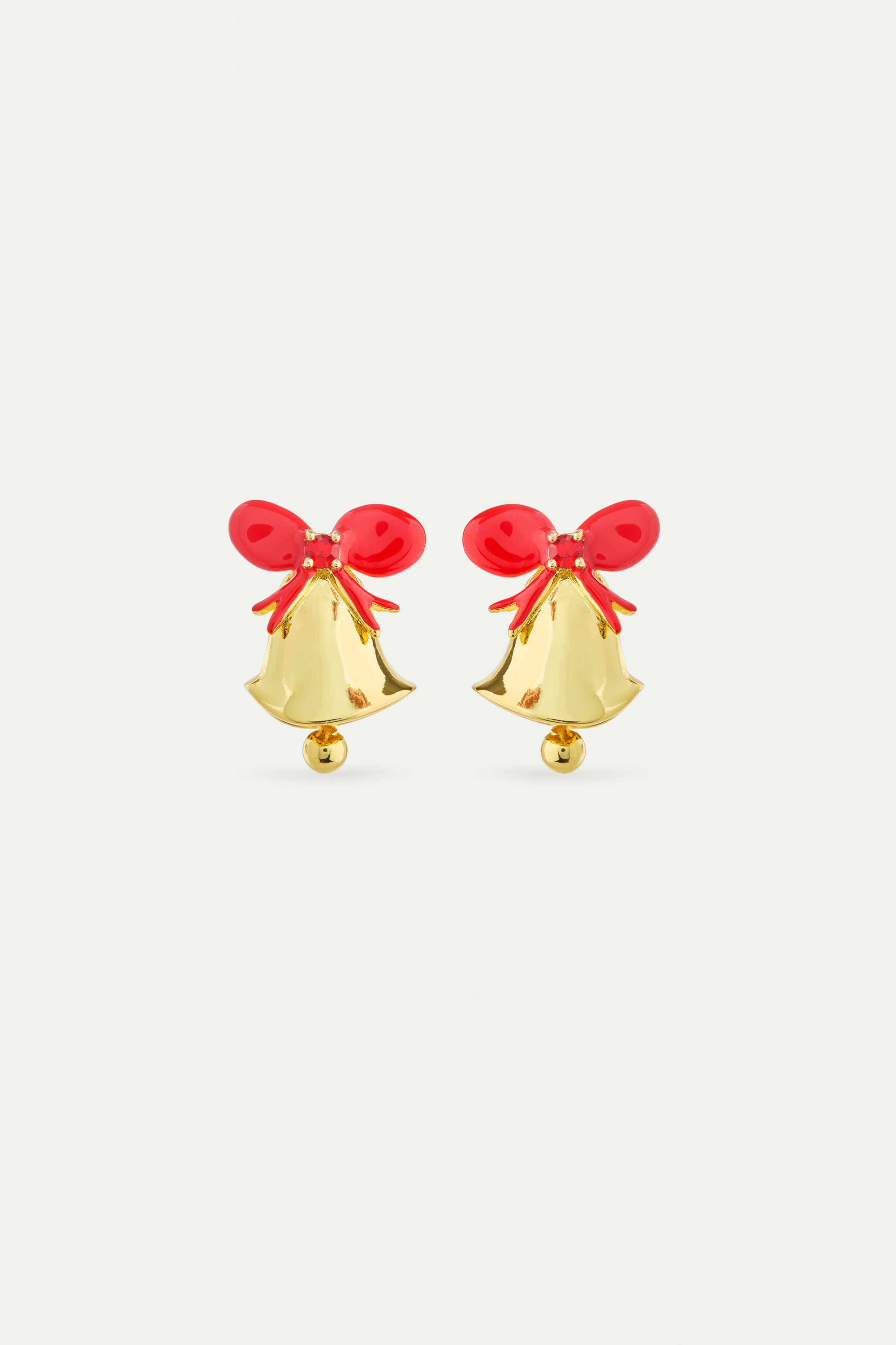 Gold bell earrings, with red bow and faceted red stone