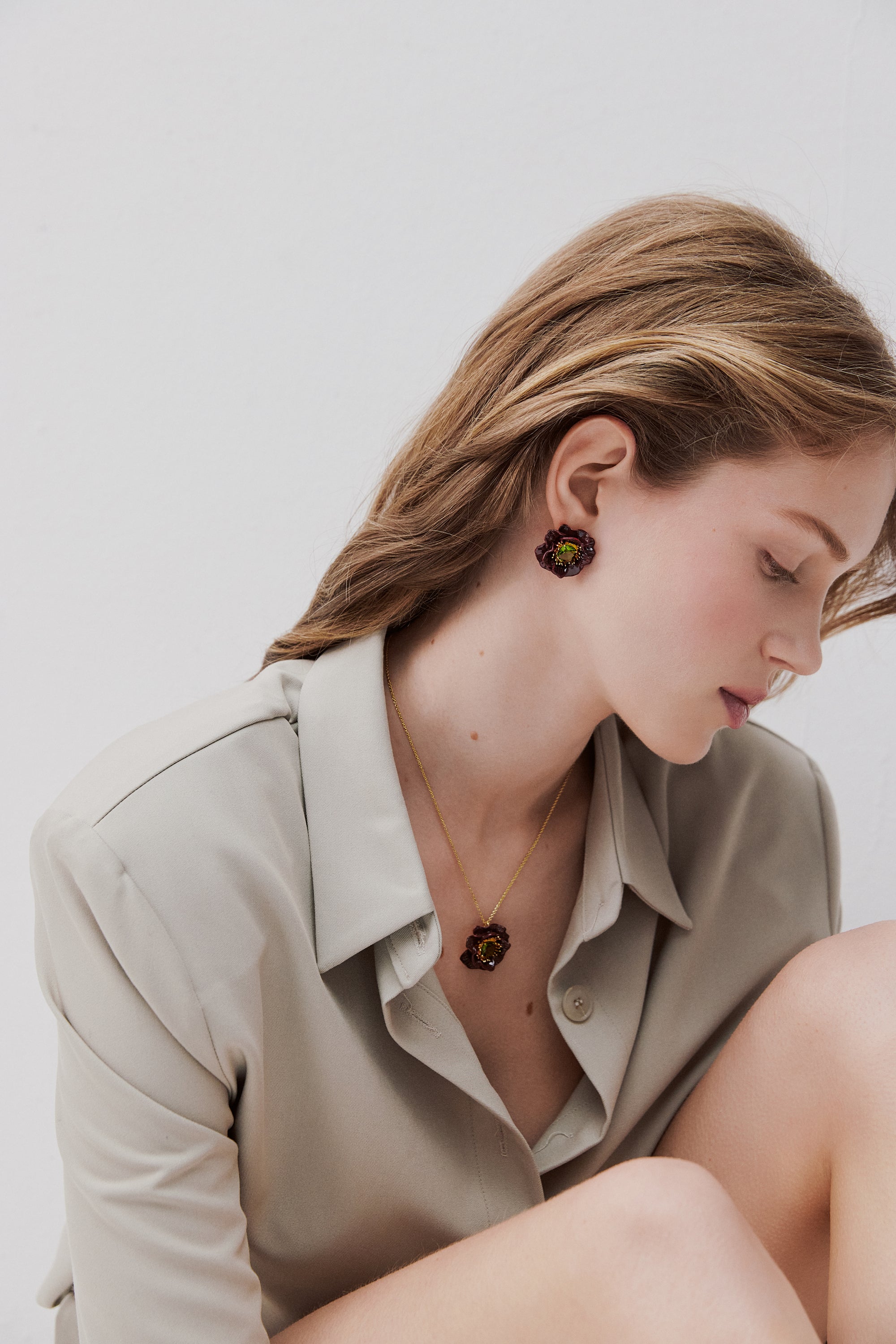 Burgundy anemone flower and green faceted stone earrings