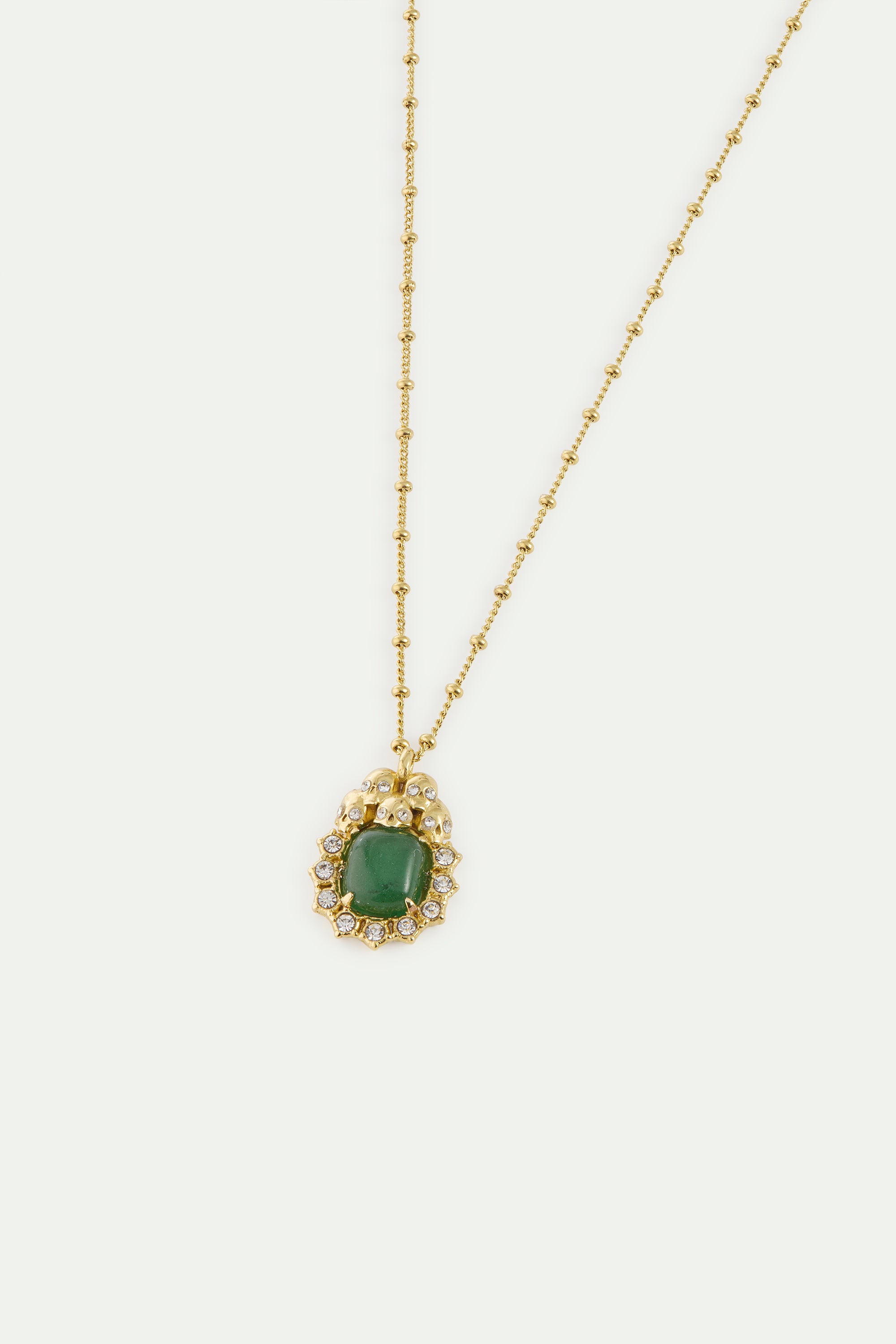 Green aventurine, skulls and crystal pendant necklace