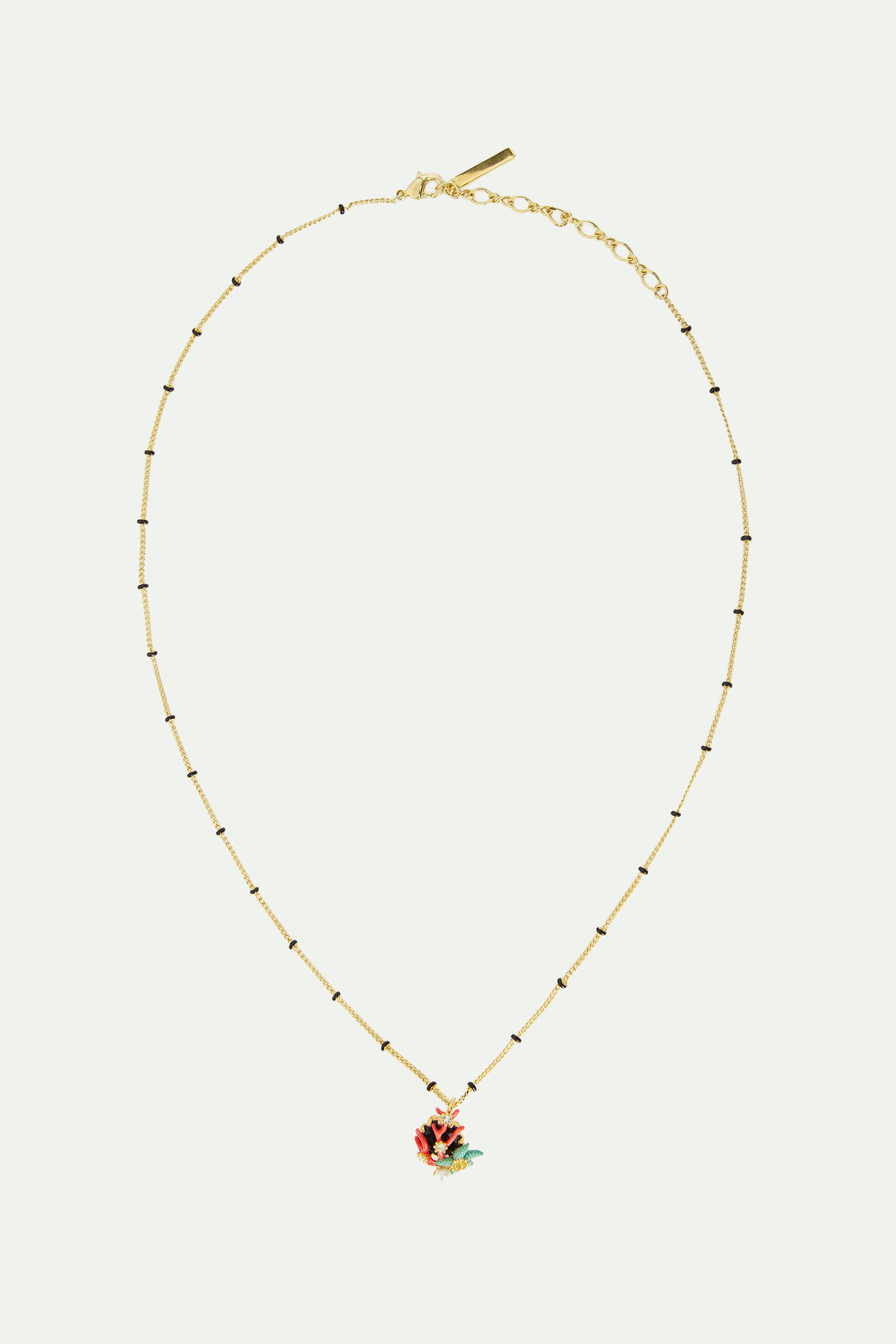 Pendant necklace with round black faceted glass stone, blue starfish and cultured pearl