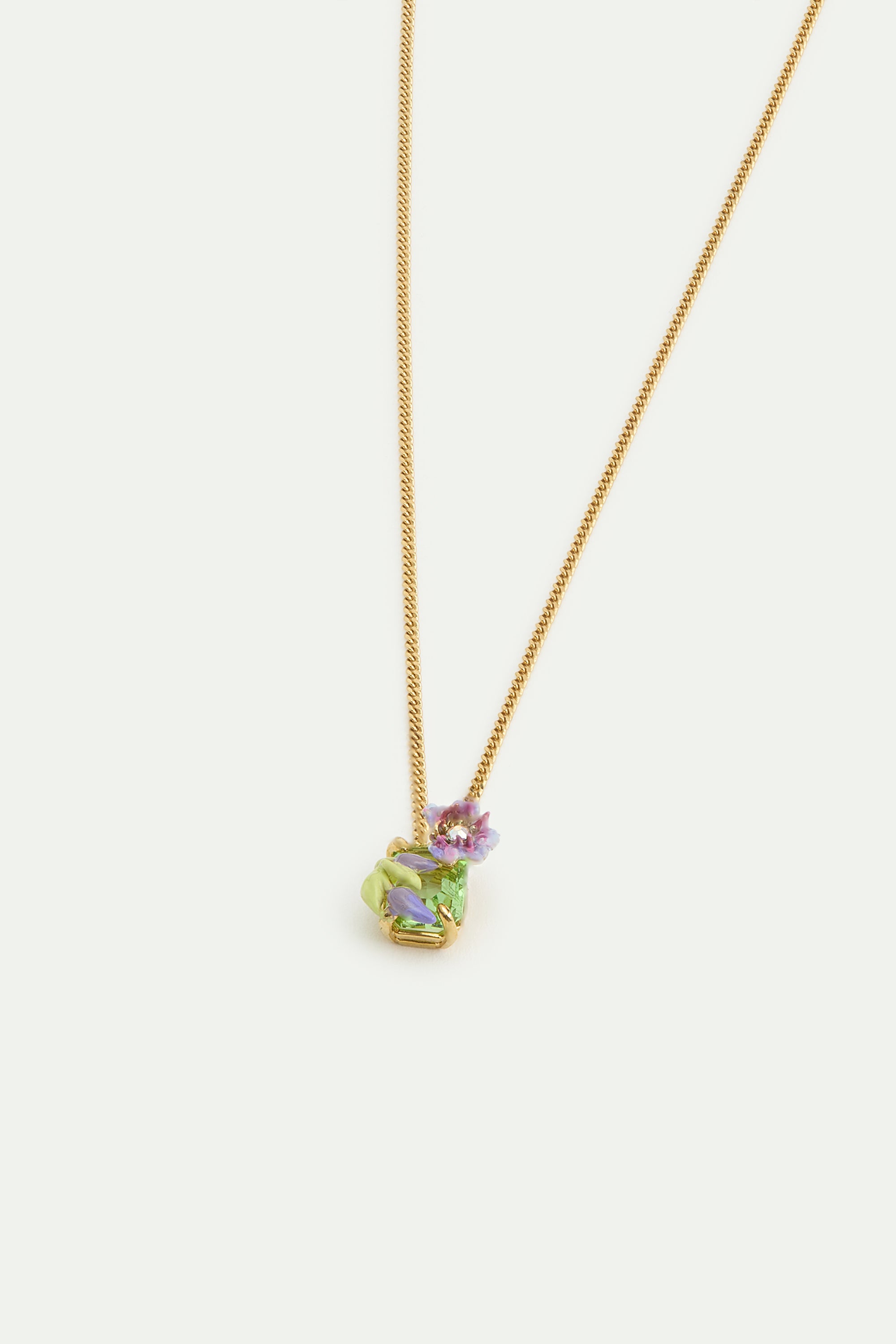 Purple clematis, green emerald-cut crystal and purple wisteria pendant necklace