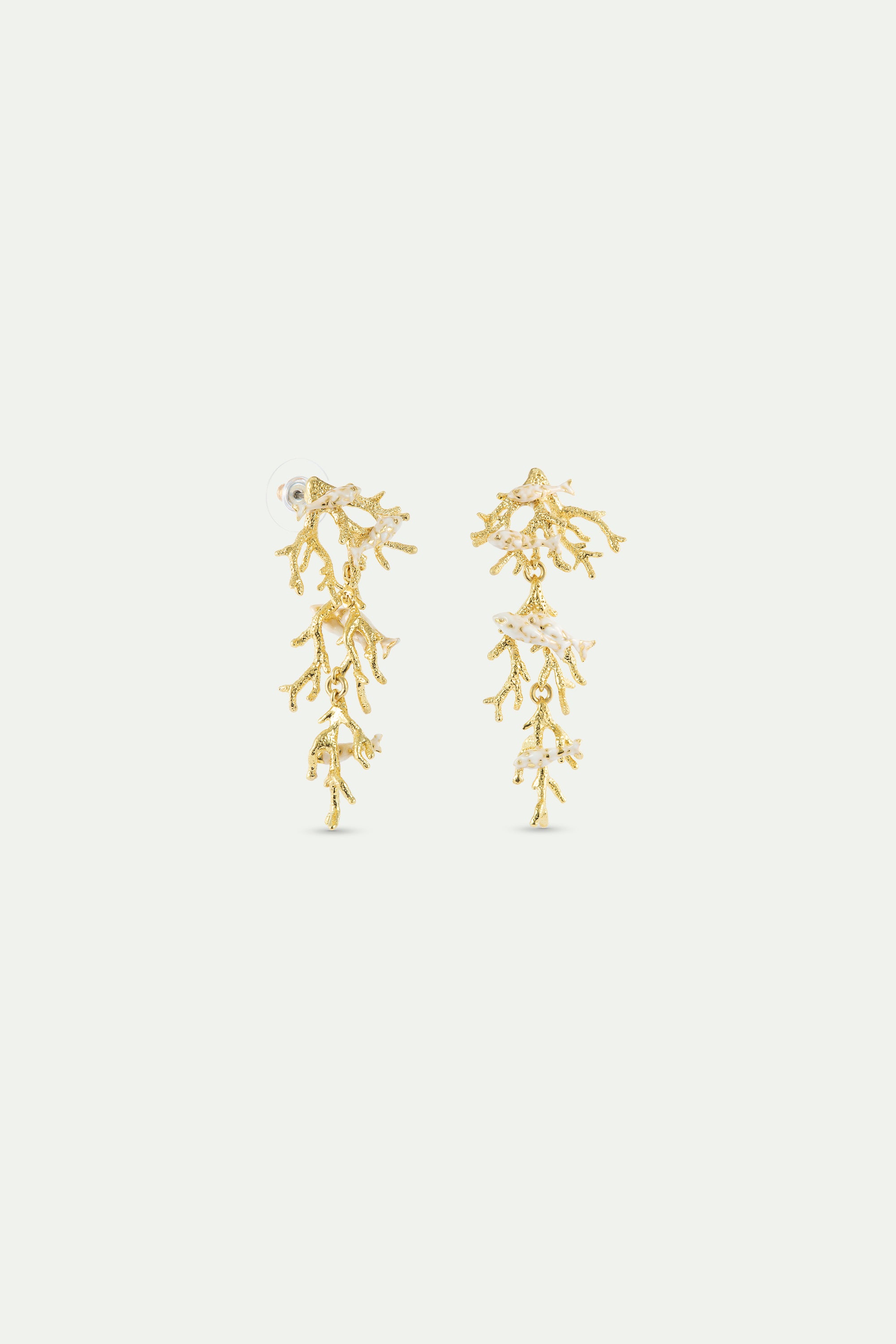 Golden coral and white fish dangle earrings