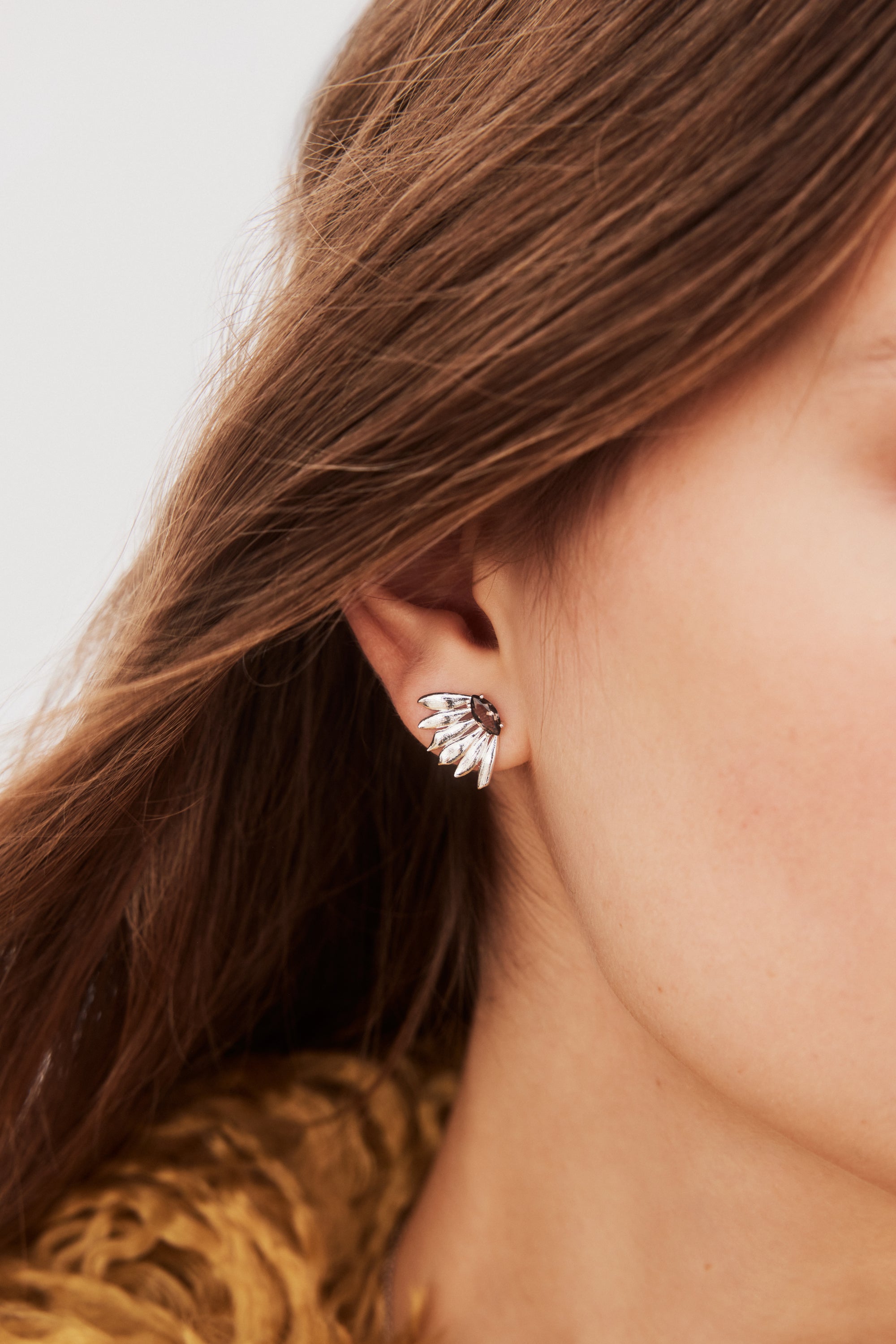 Silver sunflower and purple stone post earrings