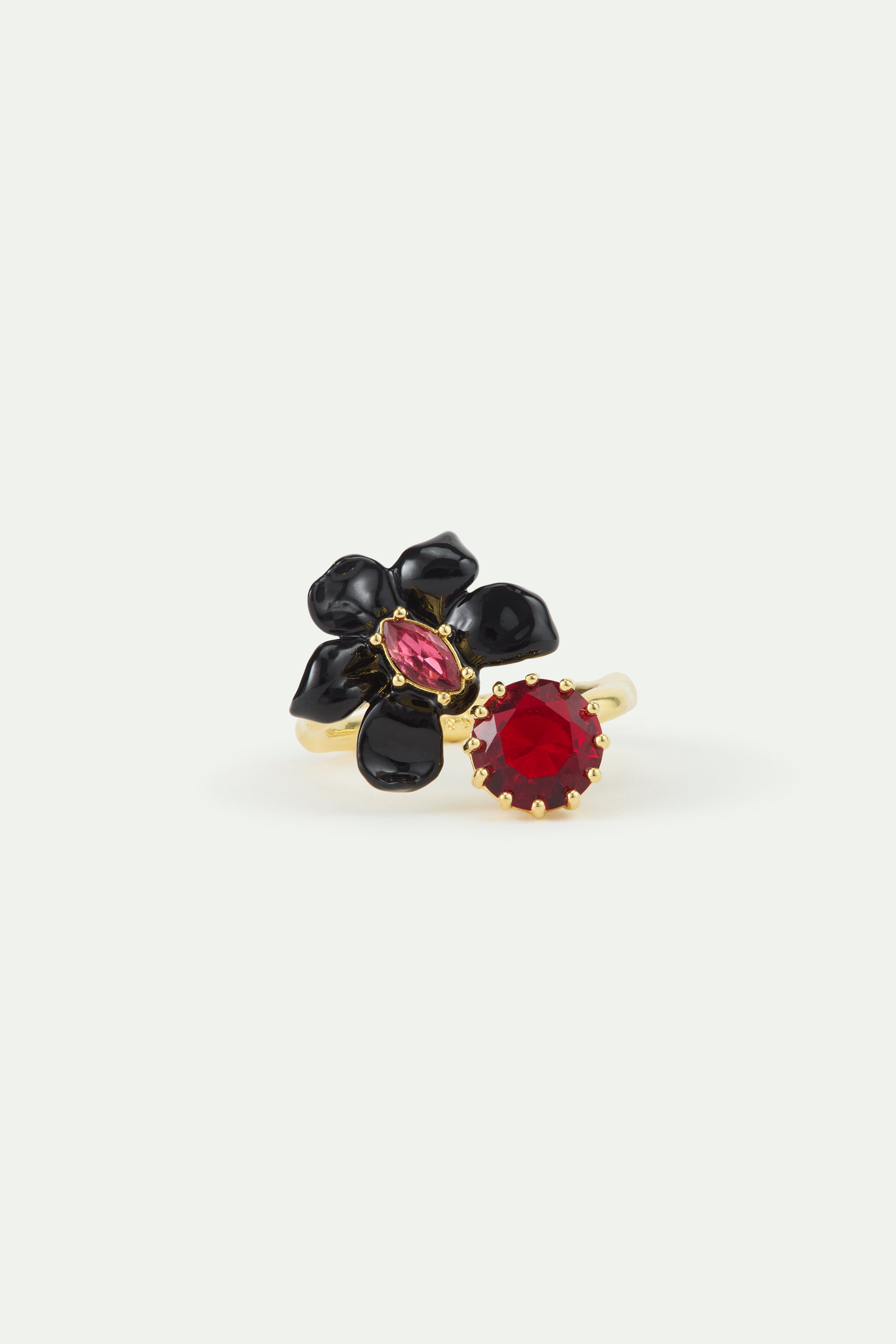 Anillo ajustable orquídea negra, cristal facetado rosa y vidrio facetado rojo