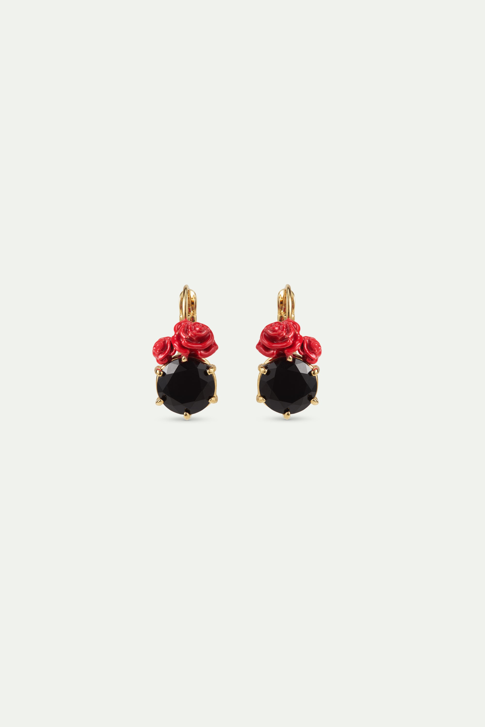 Black faceted stone and red rose sleeper earrings
